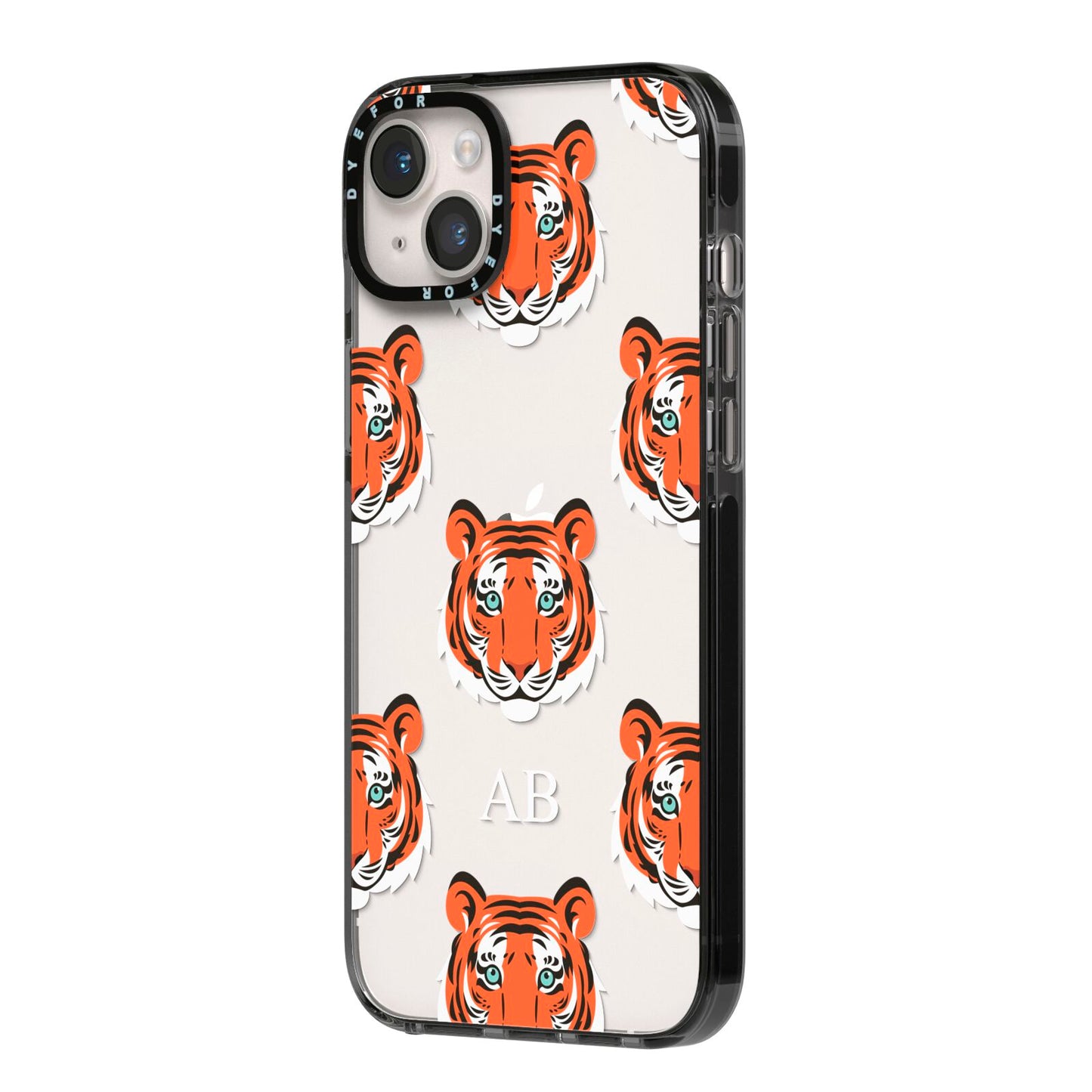 Personalised Tiger Head iPhone 14 Plus Black Impact Case Side Angle on Silver phone