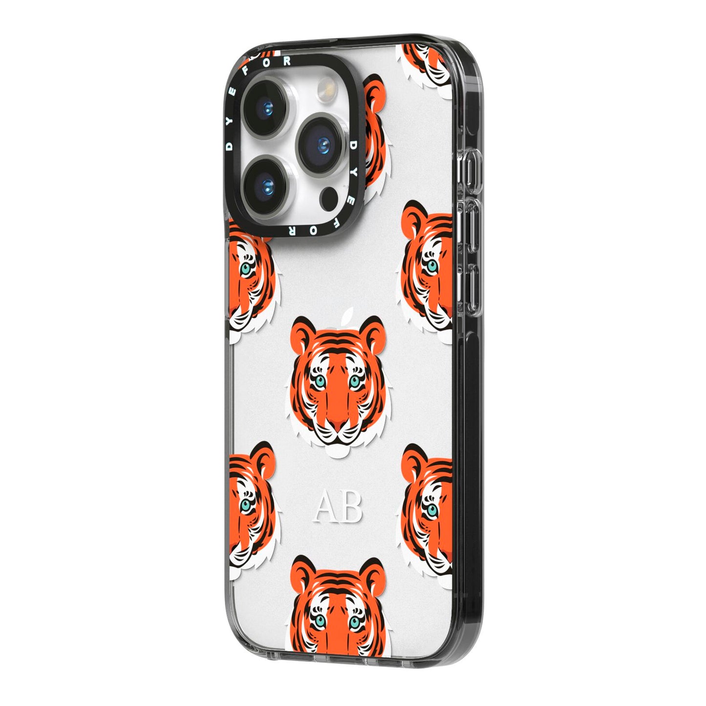 Personalised Tiger Head iPhone 14 Pro Black Impact Case Side Angle on Silver phone