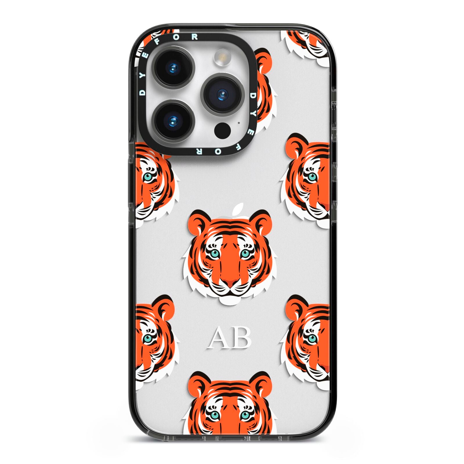 Personalised Tiger Head iPhone 14 Pro Black Impact Case on Silver phone