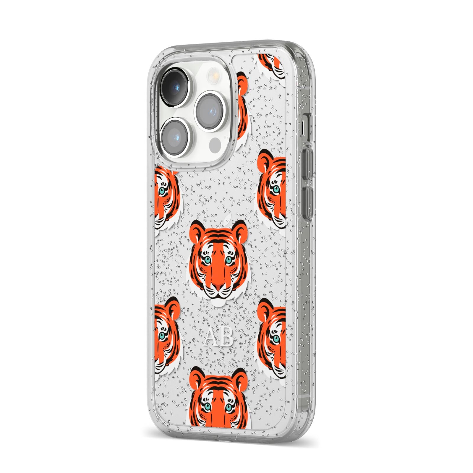 Personalised Tiger Head iPhone 14 Pro Glitter Tough Case Silver Angled Image