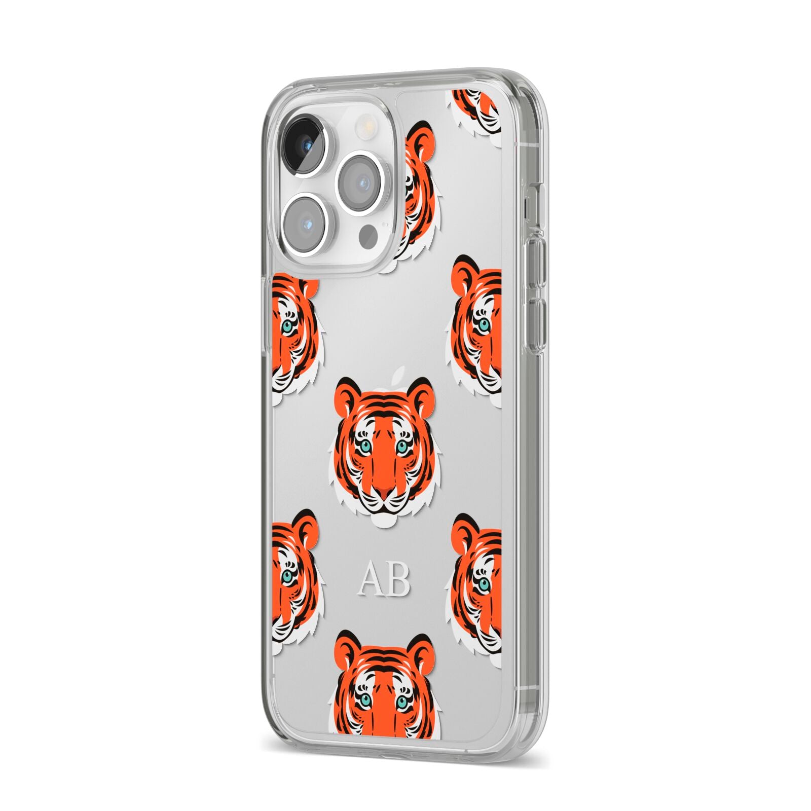 Personalised Tiger Head iPhone 14 Pro Max Clear Tough Case Silver Angled Image