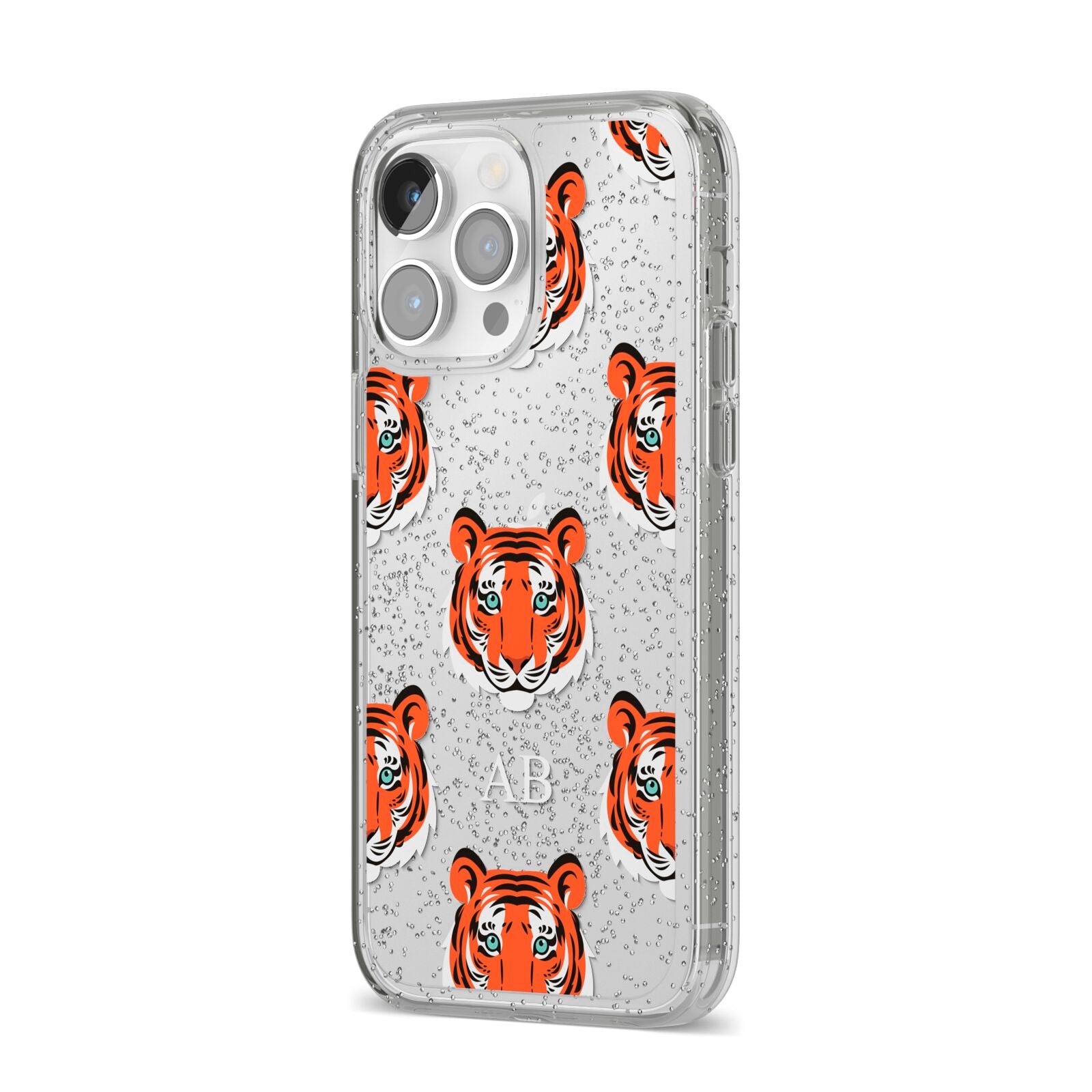 Personalised Tiger Head iPhone 14 Pro Max Glitter Tough Case Silver Angled Image