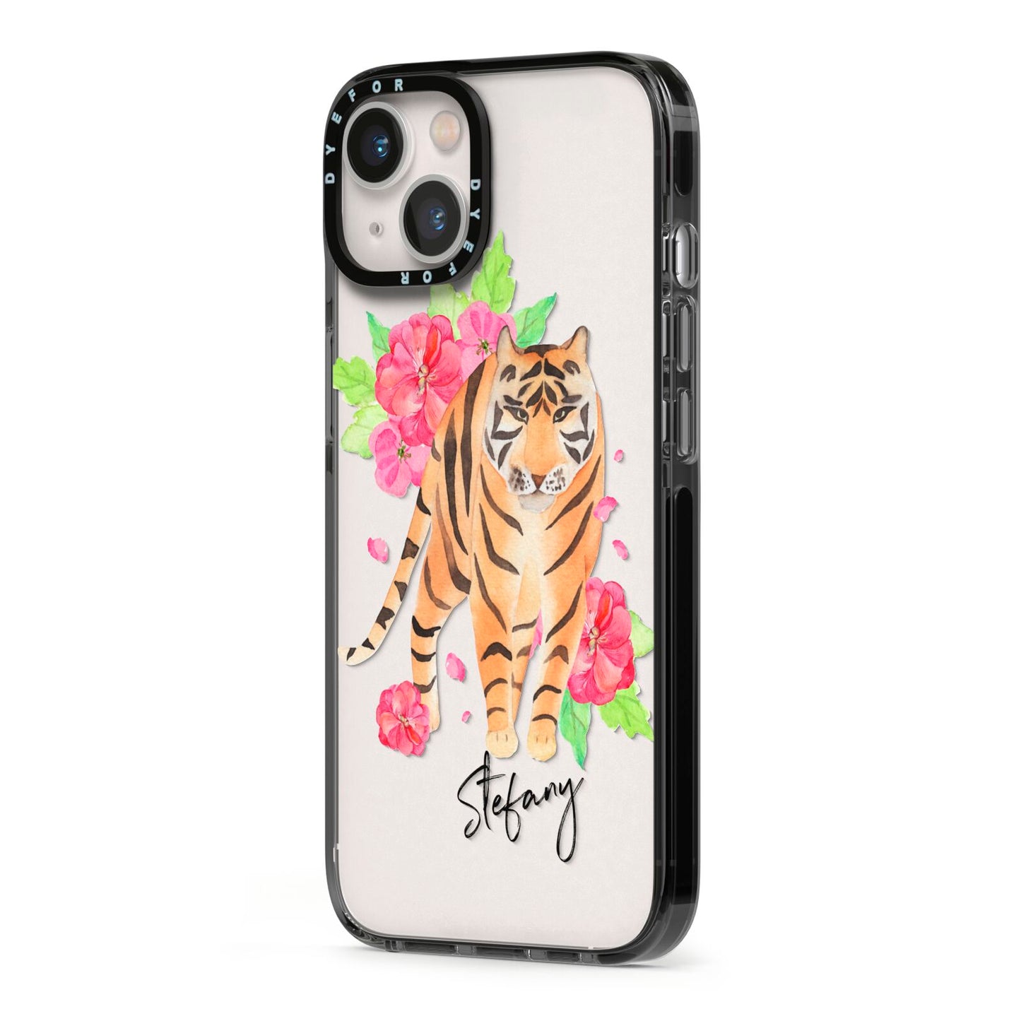 Personalised Tiger iPhone 13 Black Impact Case Side Angle on Silver phone