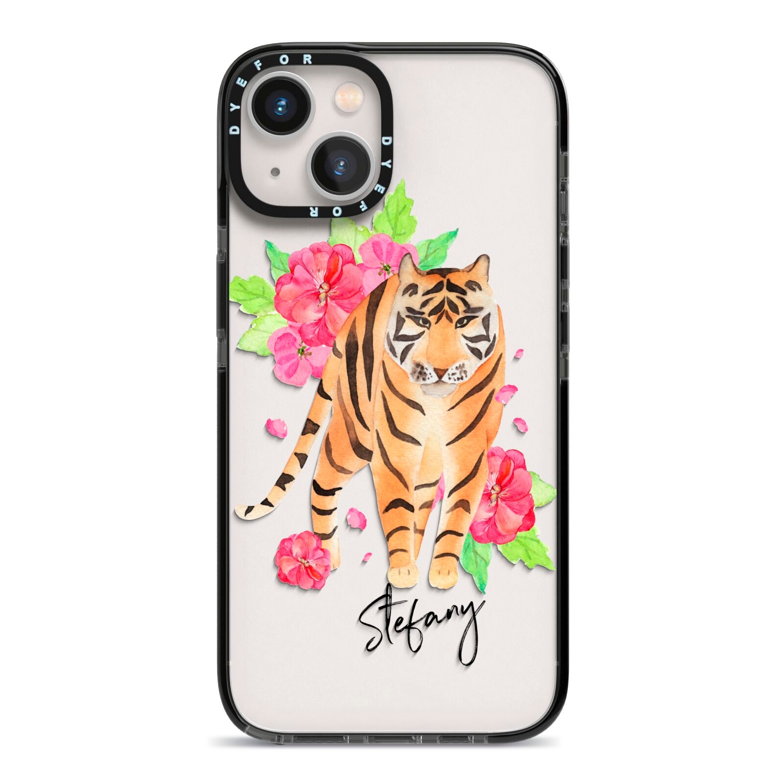 Personalised Tiger iPhone 13 Black Impact Case on Silver phone