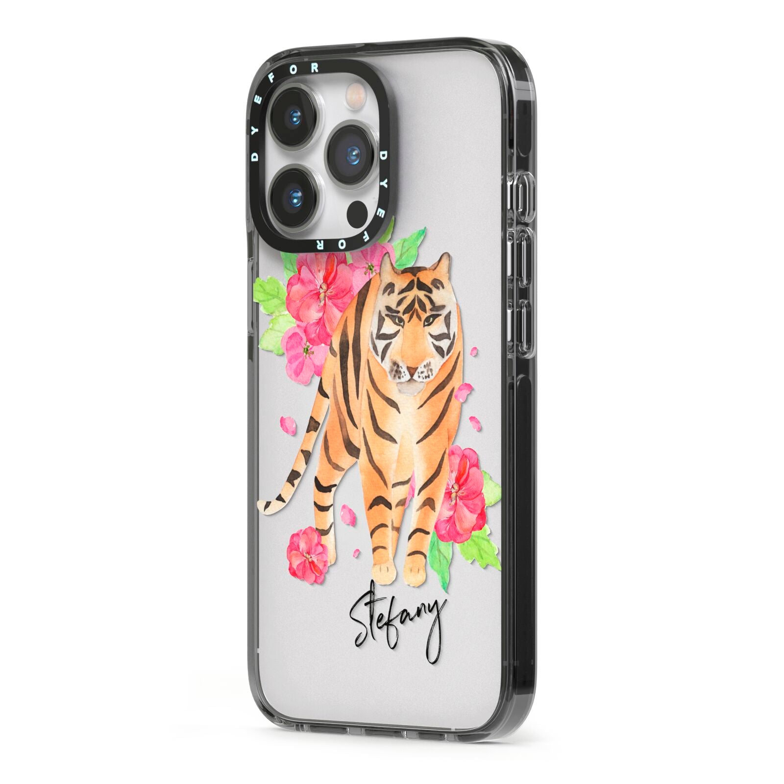 Personalised Tiger iPhone 13 Pro Black Impact Case Side Angle on Silver phone