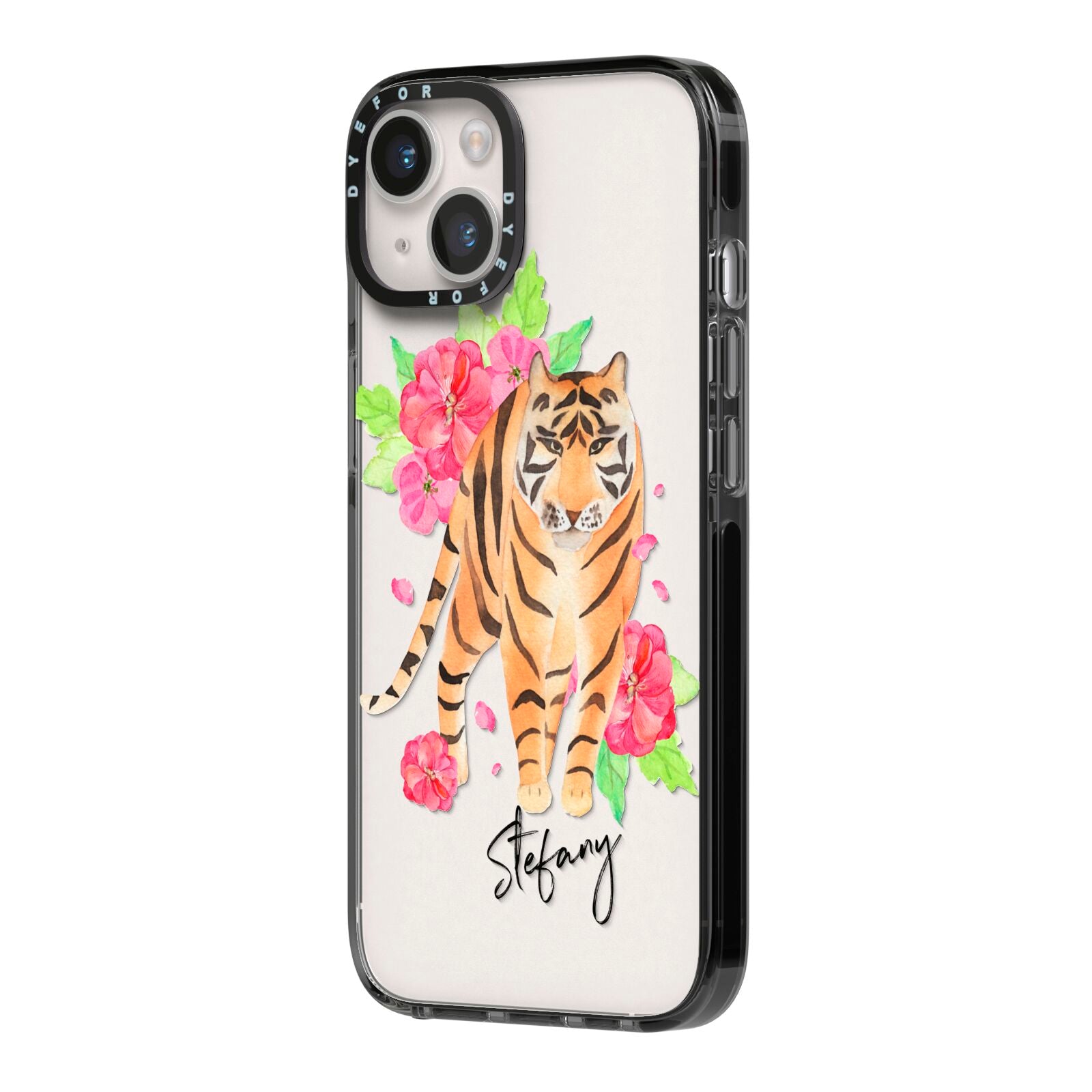 Personalised Tiger iPhone 14 Black Impact Case Side Angle on Silver phone