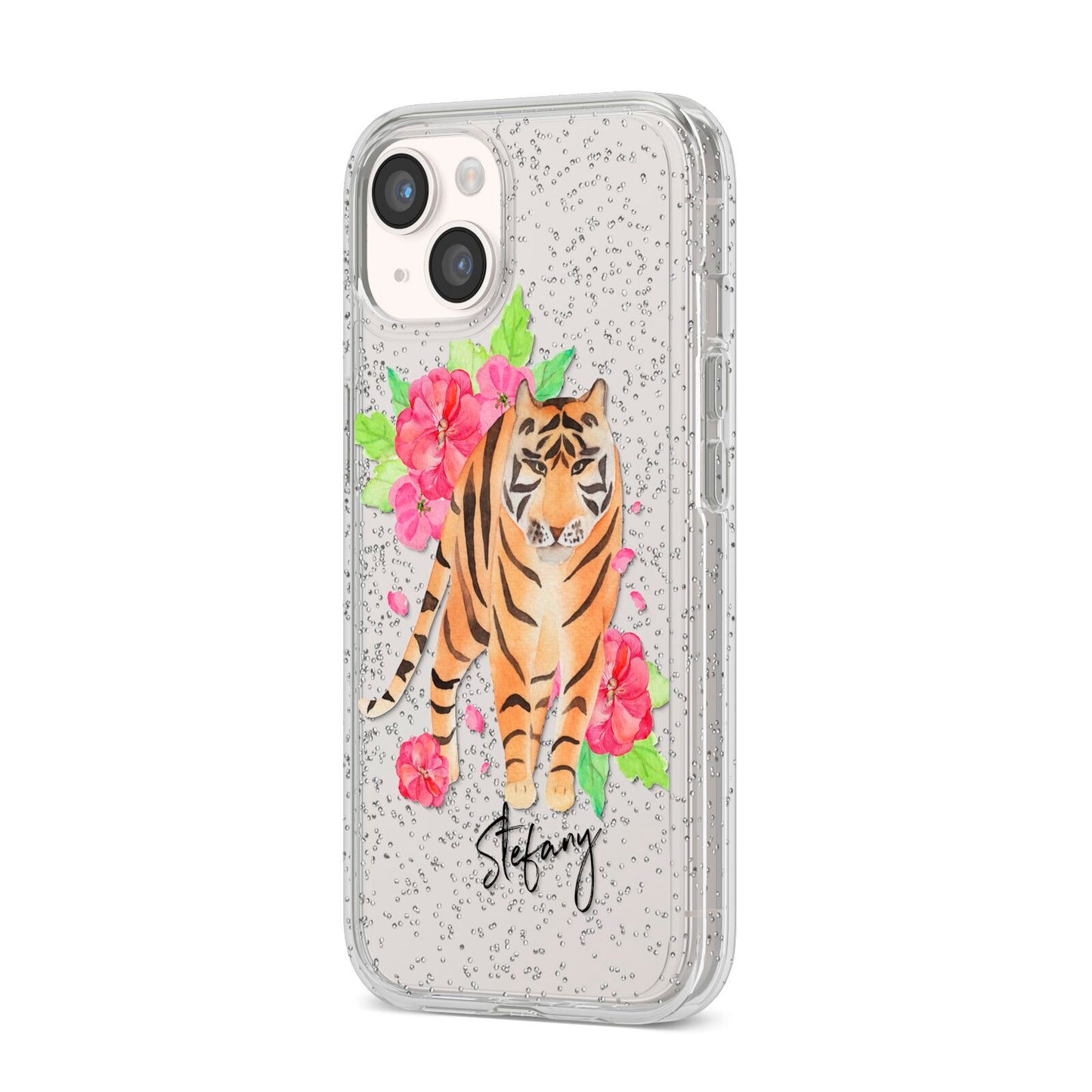 Personalised Tiger iPhone 14 Glitter Tough Case Starlight Angled Image