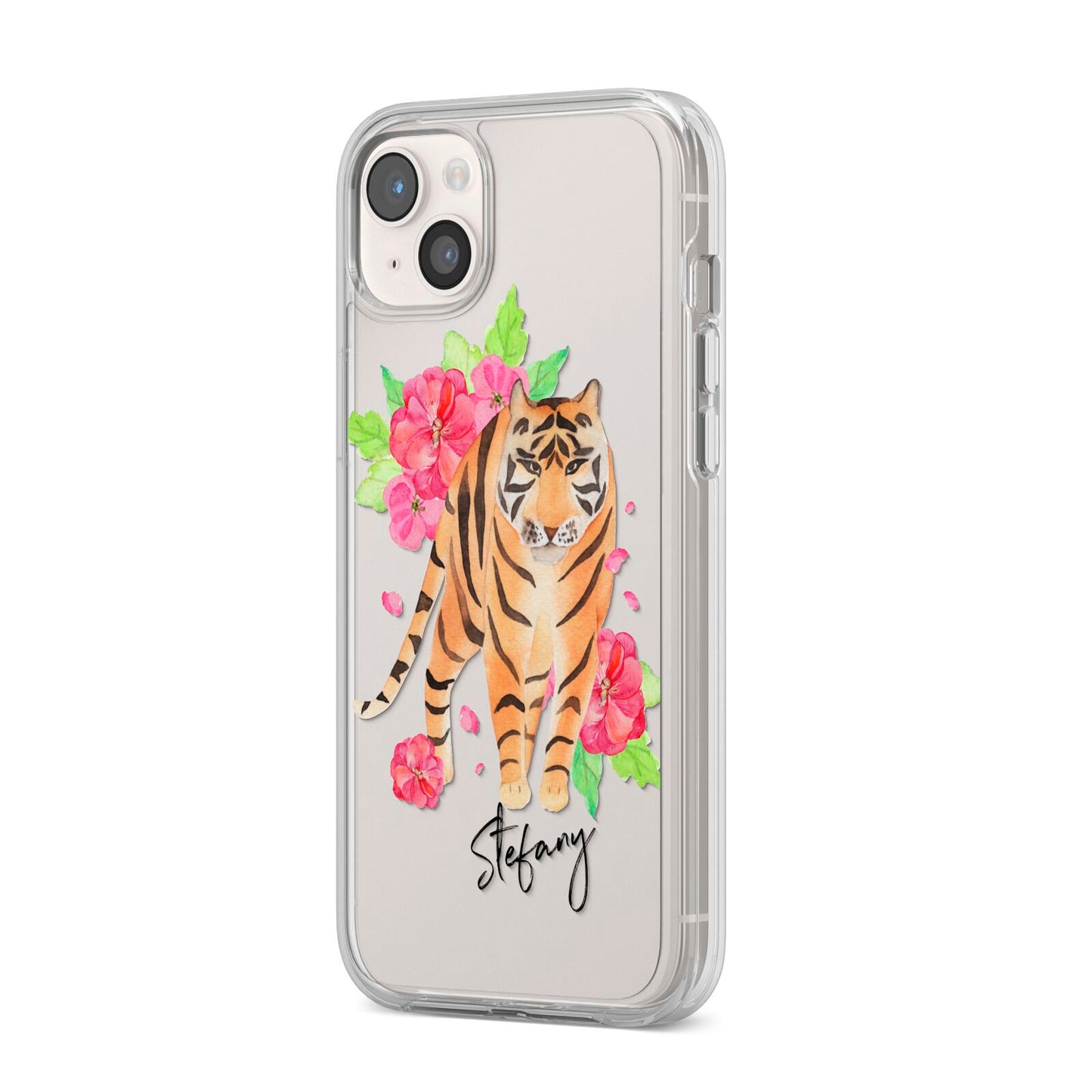 Personalised Tiger iPhone 14 Plus Clear Tough Case Starlight Angled Image