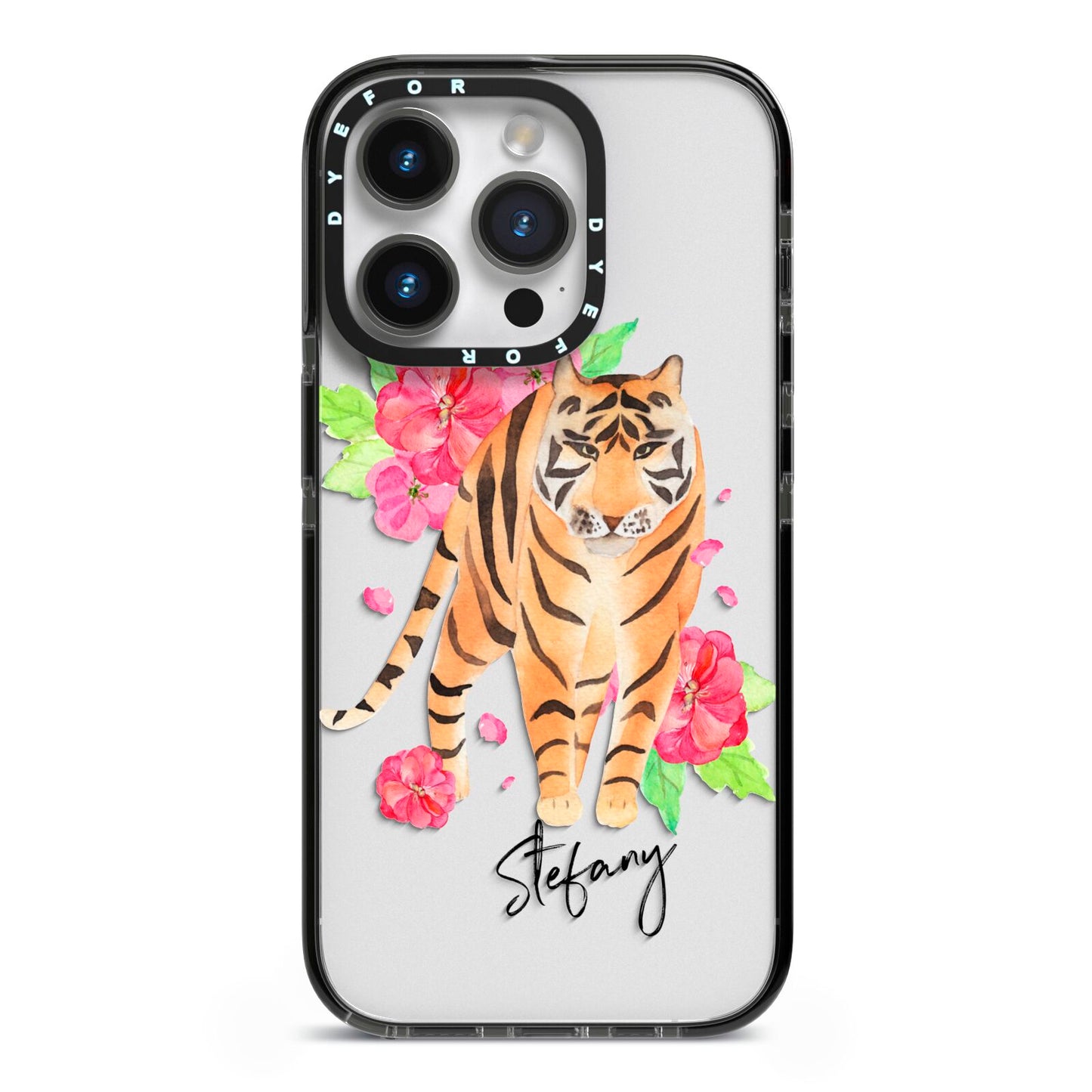 Personalised Tiger iPhone 14 Pro Black Impact Case on Silver phone