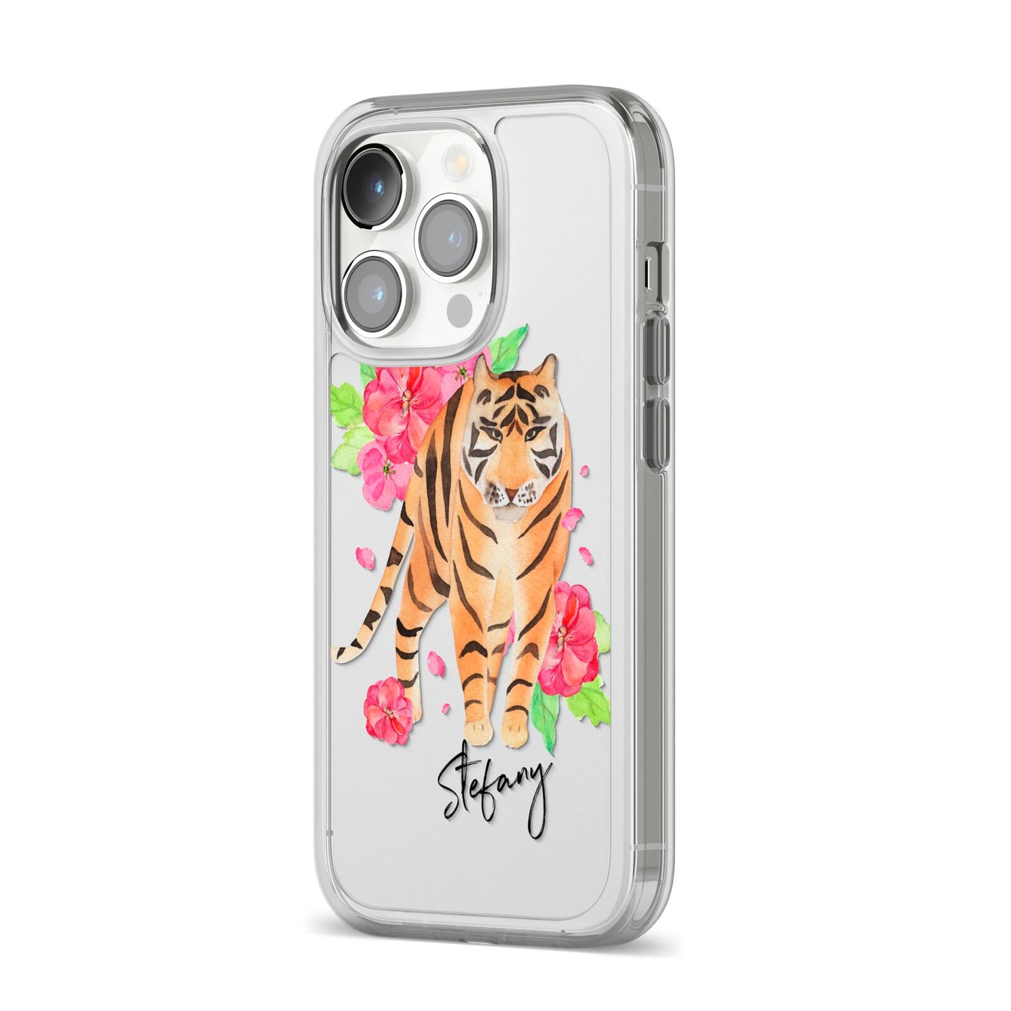 Personalised Tiger iPhone 14 Pro Clear Tough Case Silver Angled Image