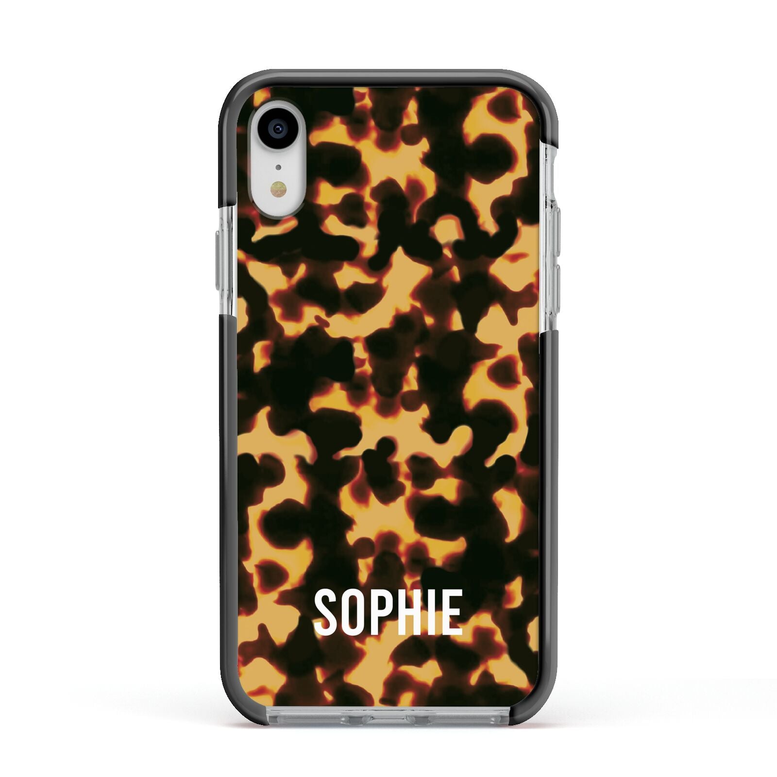 Personalised Tortoise Shell Pattern Apple iPhone XR Impact Case Black Edge on Silver Phone