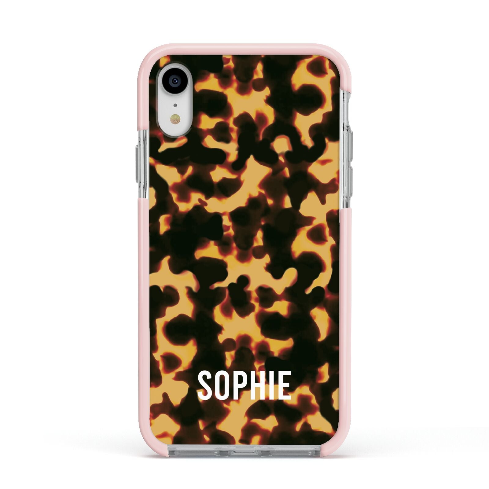 Personalised Tortoise Shell Pattern Apple iPhone XR Impact Case Pink Edge on Silver Phone