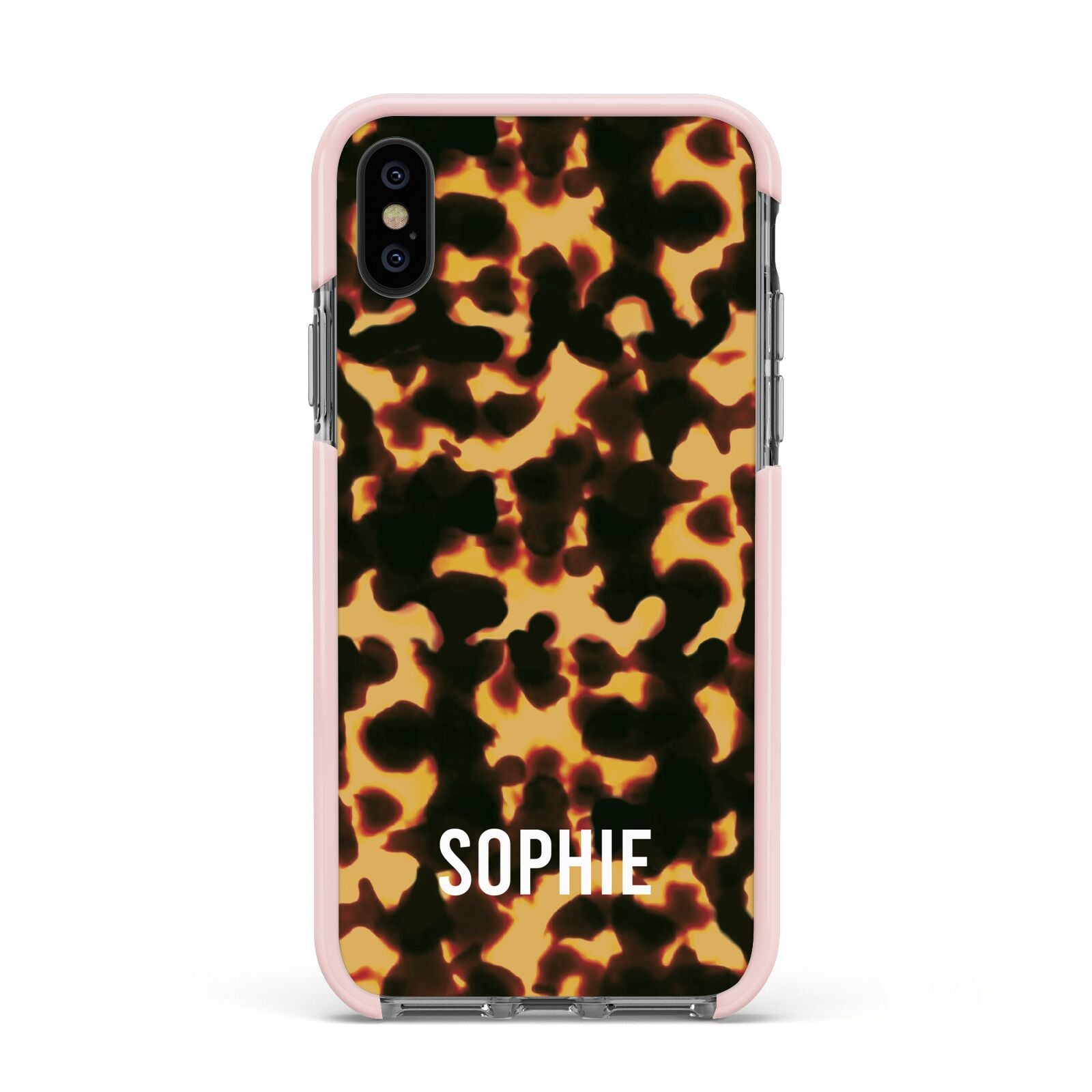 Personalised Tortoise Shell Pattern Apple iPhone Xs Impact Case Pink Edge on Black Phone