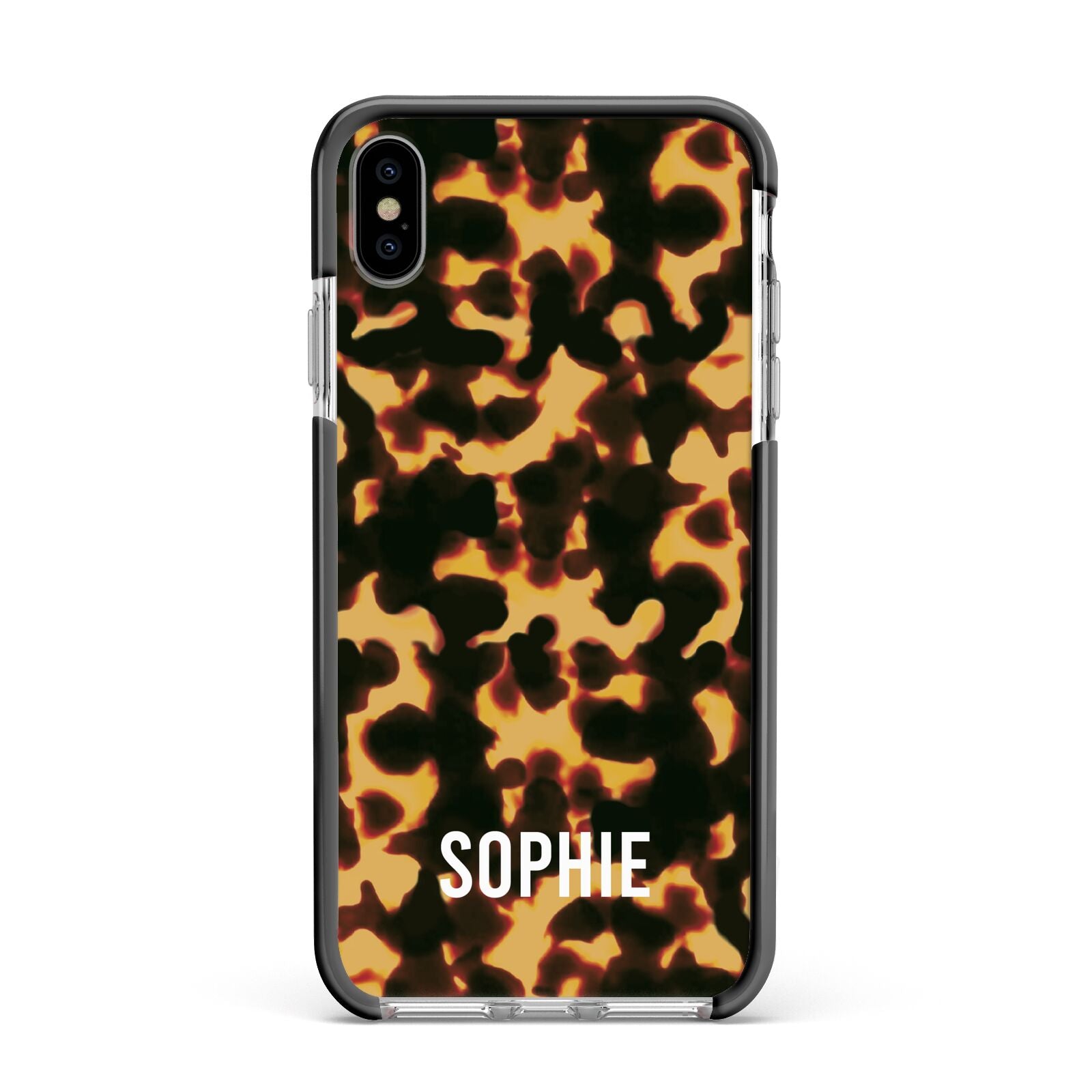 Personalised Tortoise Shell Pattern Apple iPhone Xs Max Impact Case Black Edge on Silver Phone