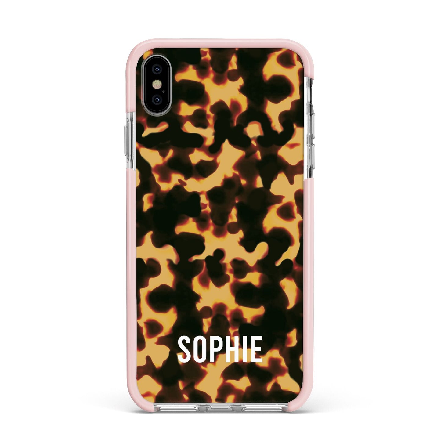 Personalised Tortoise Shell Pattern Apple iPhone Xs Max Impact Case Pink Edge on Silver Phone