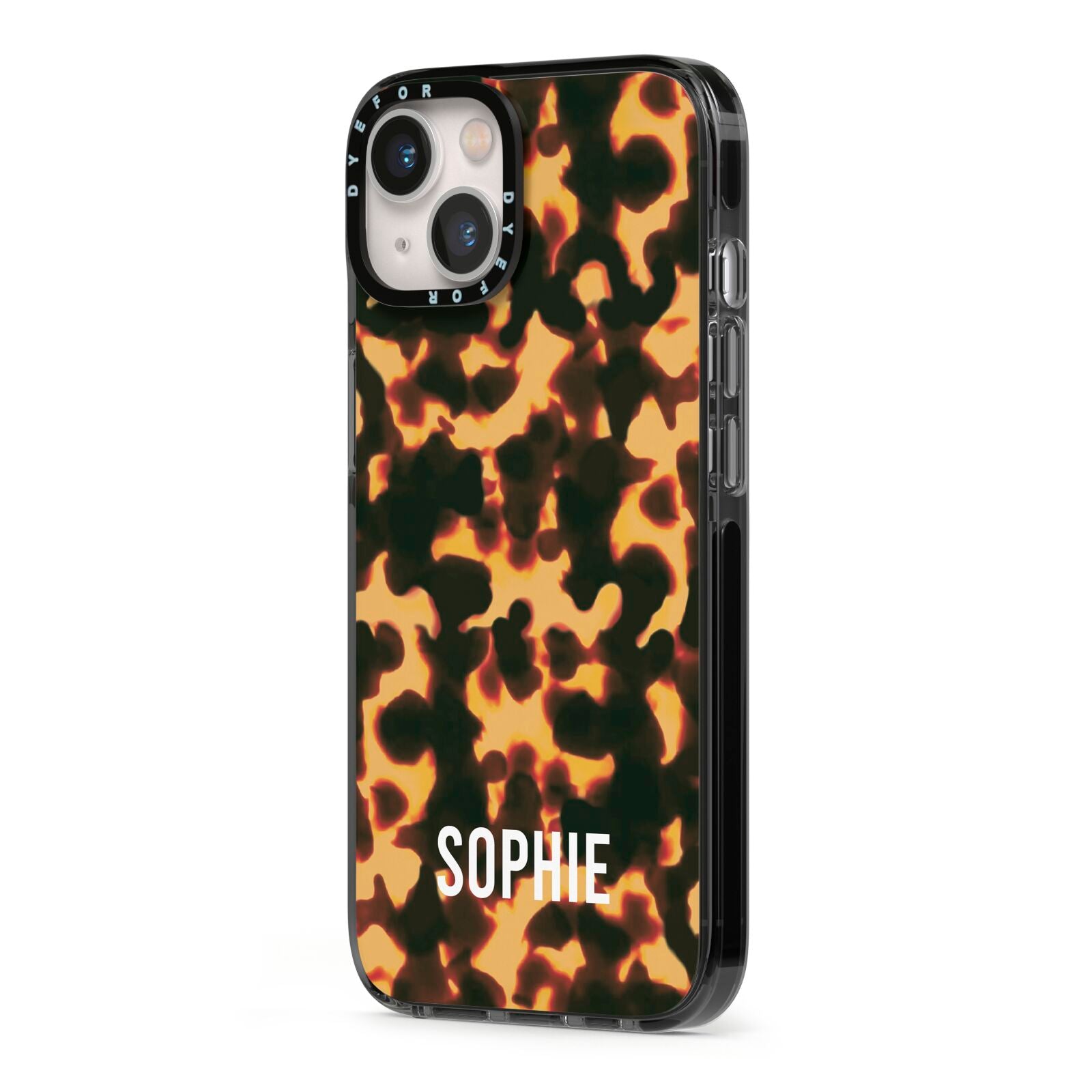 Personalised Tortoise Shell Pattern iPhone 13 Black Impact Case Side Angle on Silver phone