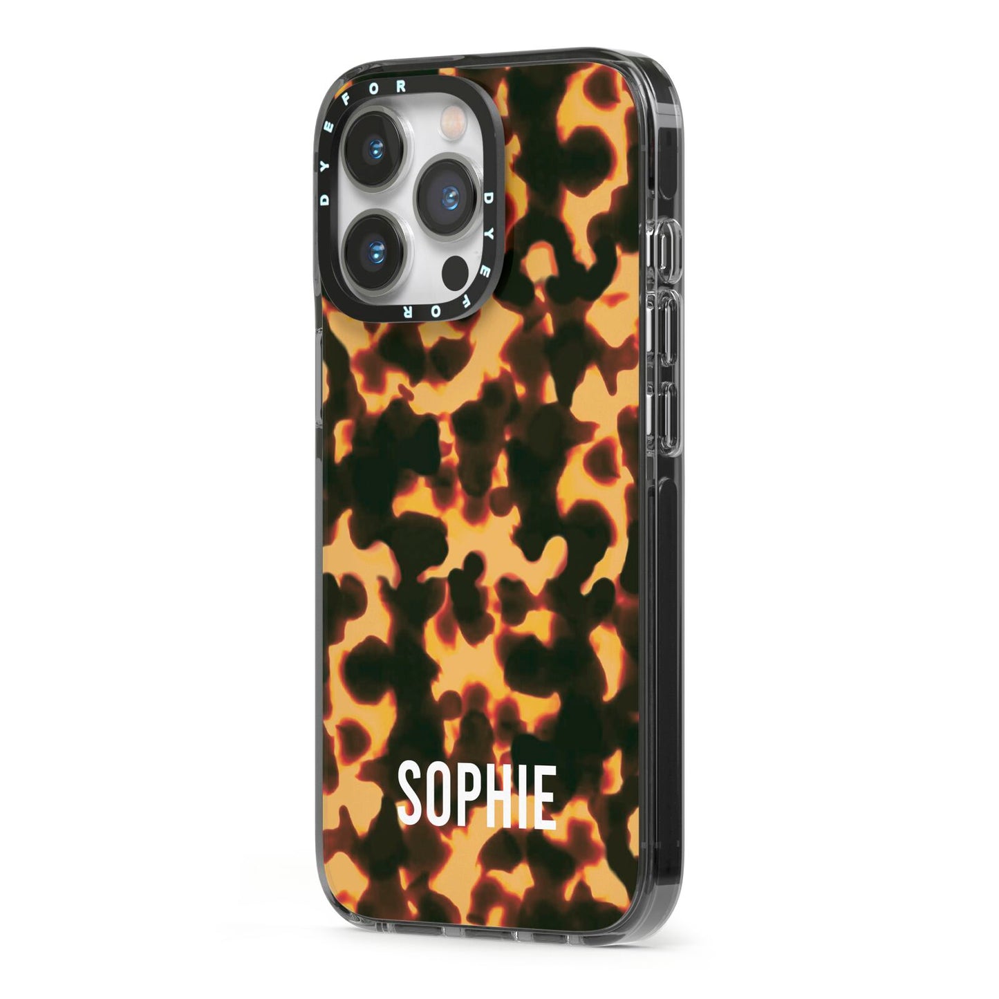 Personalised Tortoise Shell Pattern iPhone 13 Pro Black Impact Case Side Angle on Silver phone