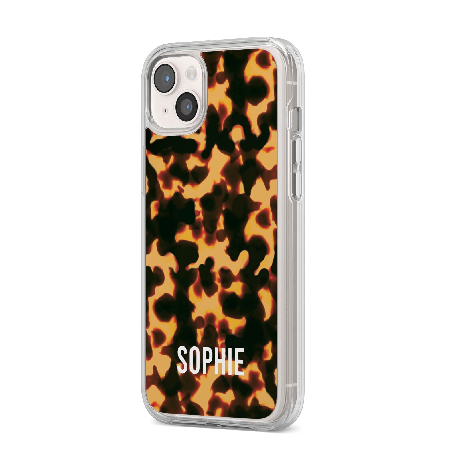 Personalised Tortoise Shell Pattern iPhone 14 Plus Clear Tough Case Starlight Angled Image