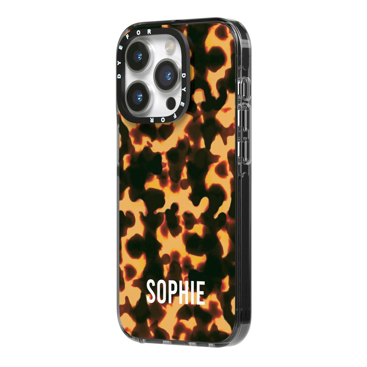 Personalised Tortoise Shell Pattern iPhone 14 Pro Black Impact Case Side Angle on Silver phone