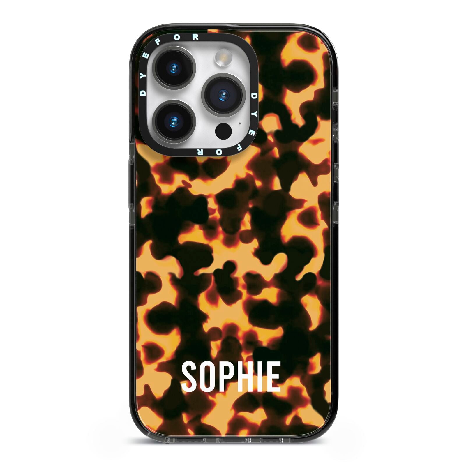 Personalised Tortoise Shell Pattern iPhone 14 Pro Black Impact Case on Silver phone