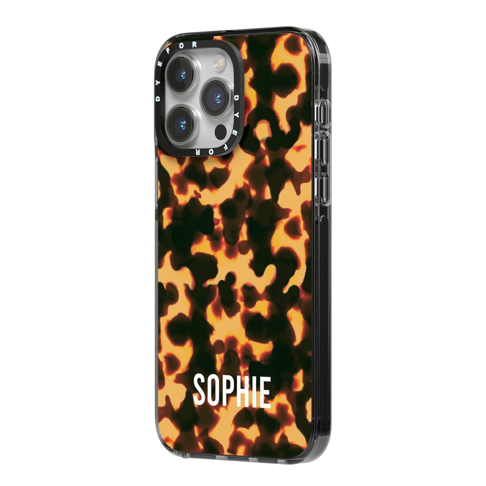 Personalised Tortoise Shell Pattern iPhone 14 Pro Max Black Impact Case Side Angle on Silver phone