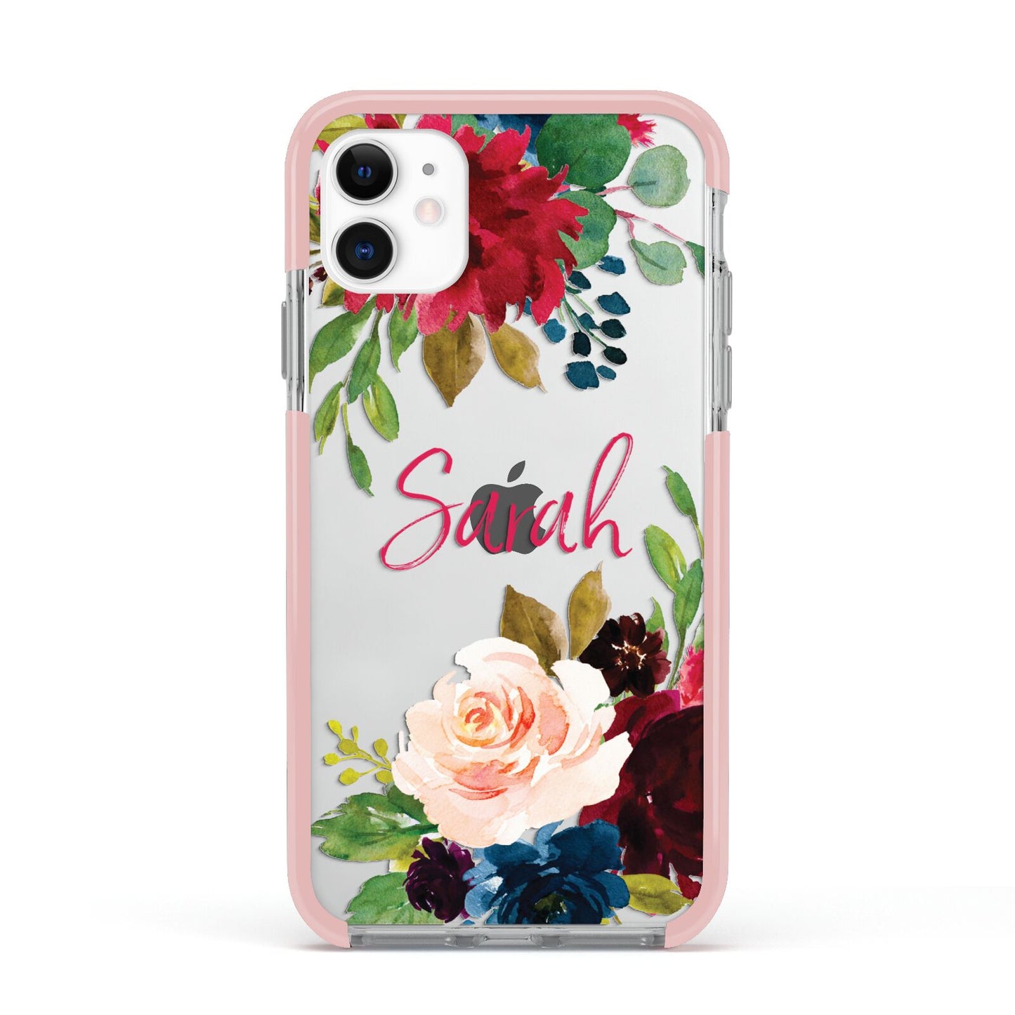 Personalised Transparent Name Roses Apple iPhone 11 in White with Pink Impact Case
