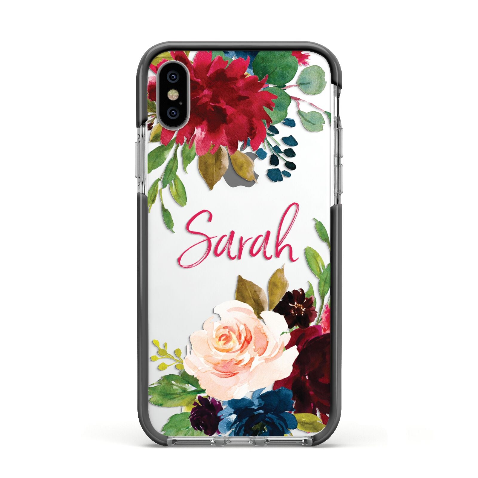 Personalised Transparent Name Roses Apple iPhone Xs Impact Case Black Edge on Silver Phone
