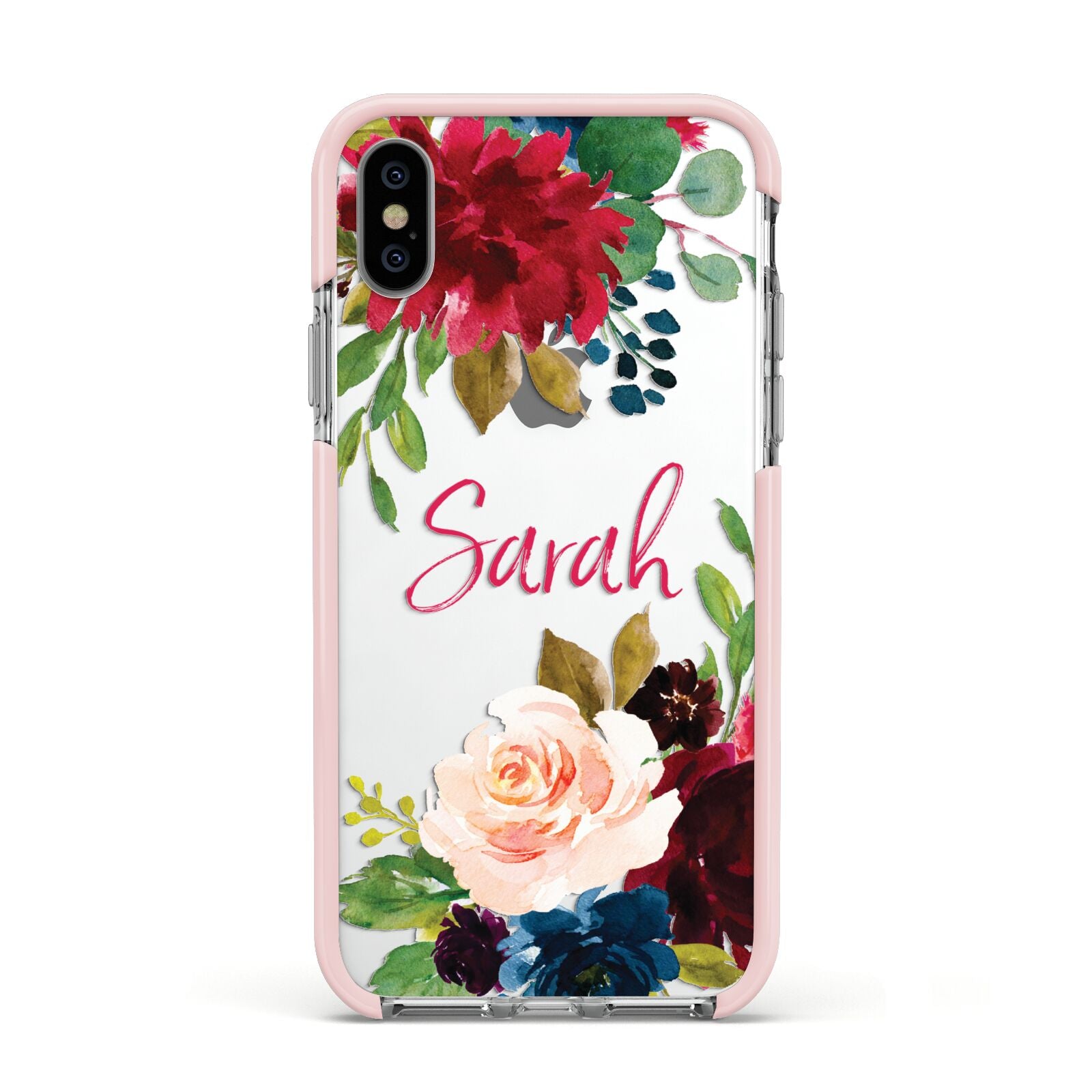 Personalised Transparent Name Roses Apple iPhone Xs Impact Case Pink Edge on Silver Phone