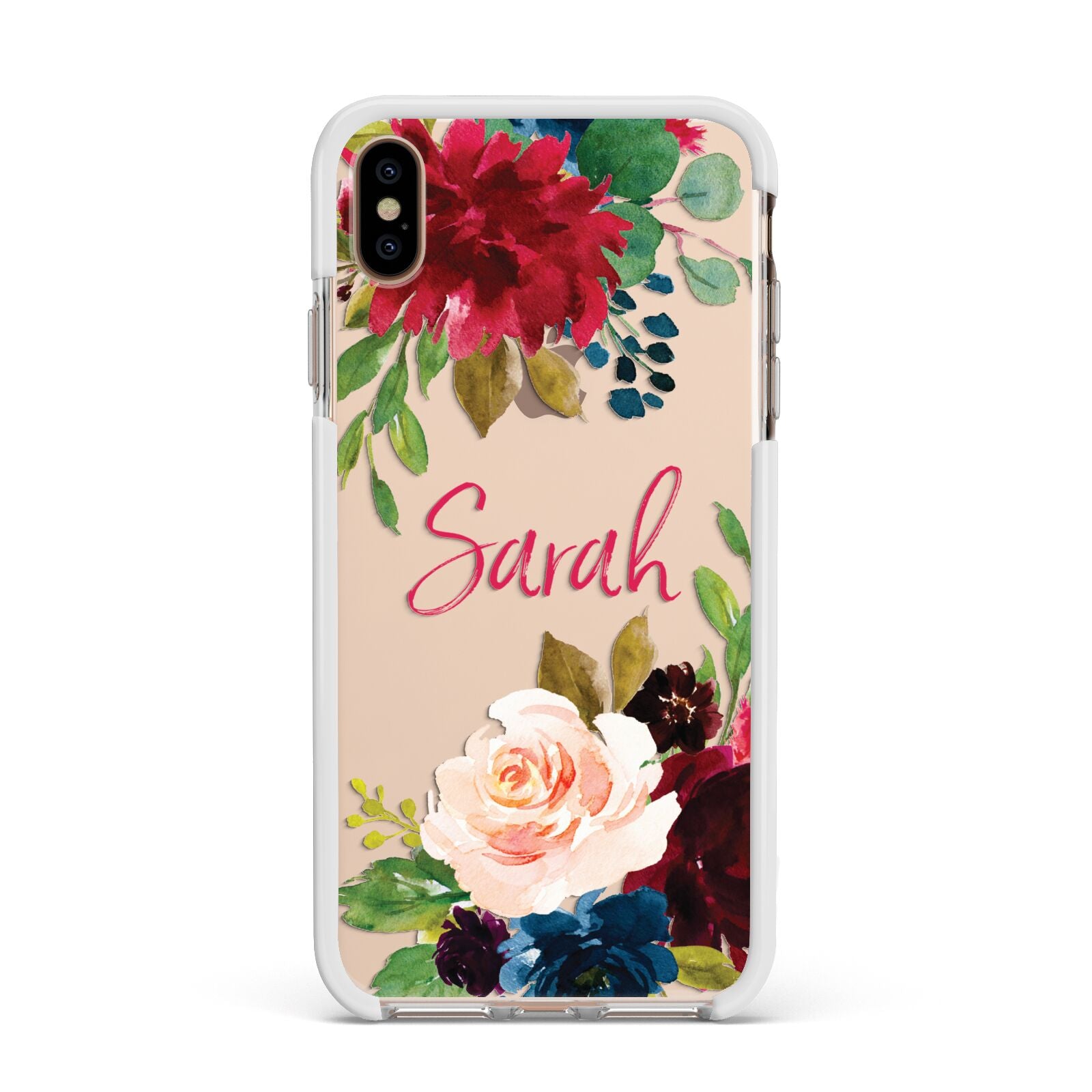 Personalised Transparent Name Roses Apple iPhone Xs Max Impact Case White Edge on Gold Phone