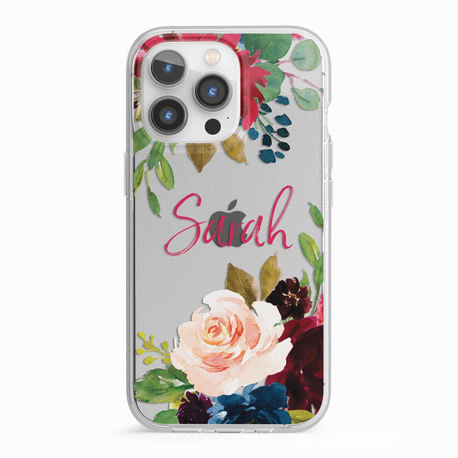 Personalised Transparent Name Roses iPhone 13 Pro TPU Impact Case with White Edges
