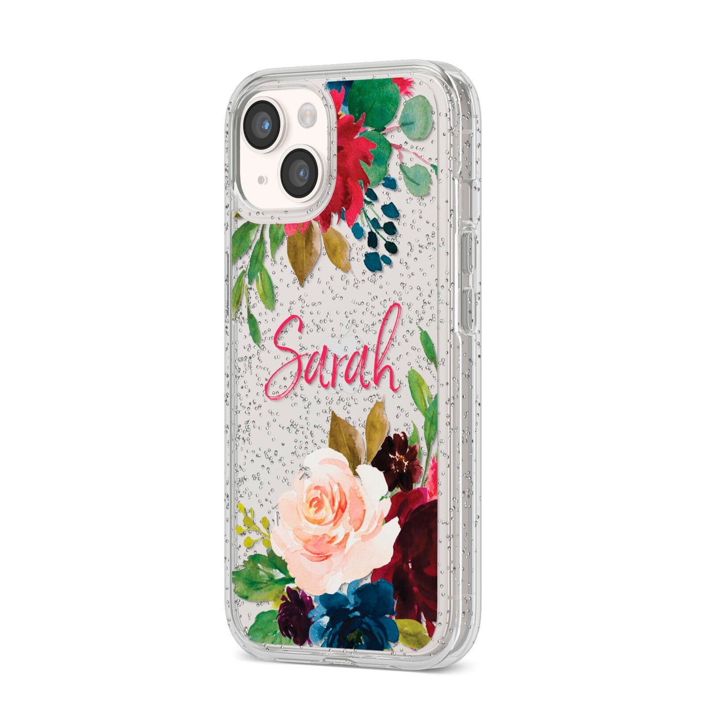 Personalised Transparent Name Roses iPhone 14 Glitter Tough Case Starlight Angled Image