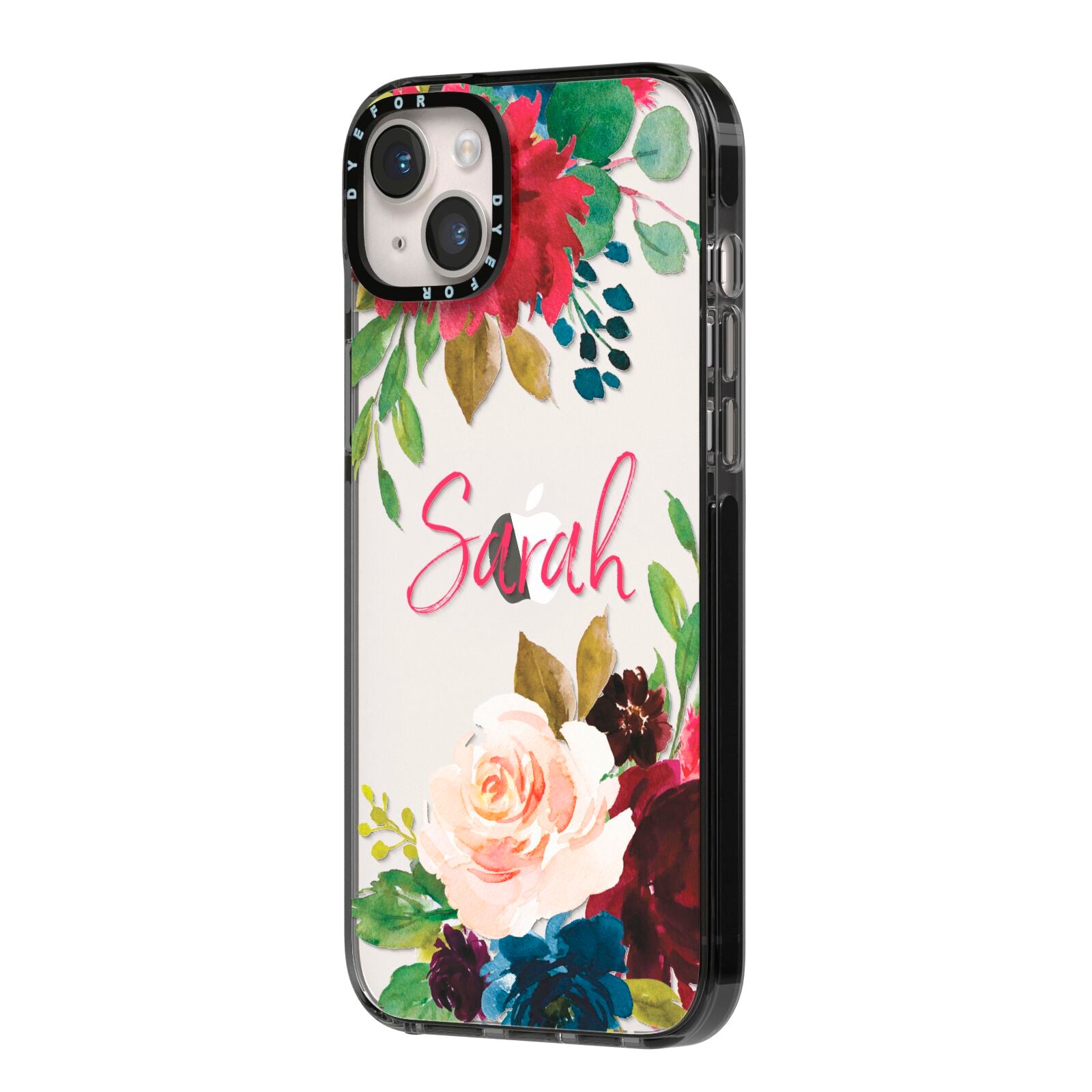 Personalised Transparent Name Roses iPhone 14 Plus Black Impact Case Side Angle on Silver phone