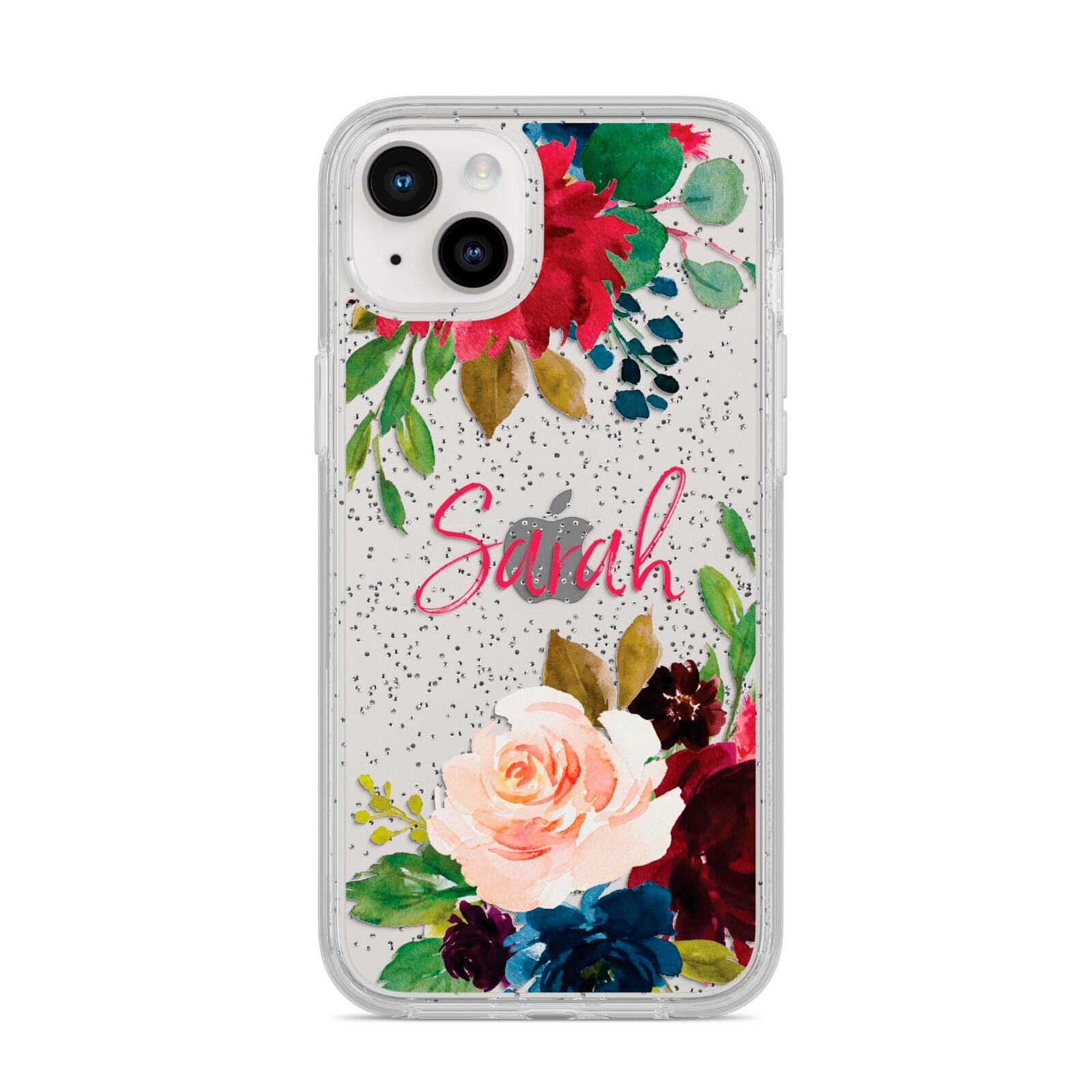 Personalised Transparent Name Roses iPhone 14 Plus Glitter Tough Case Starlight