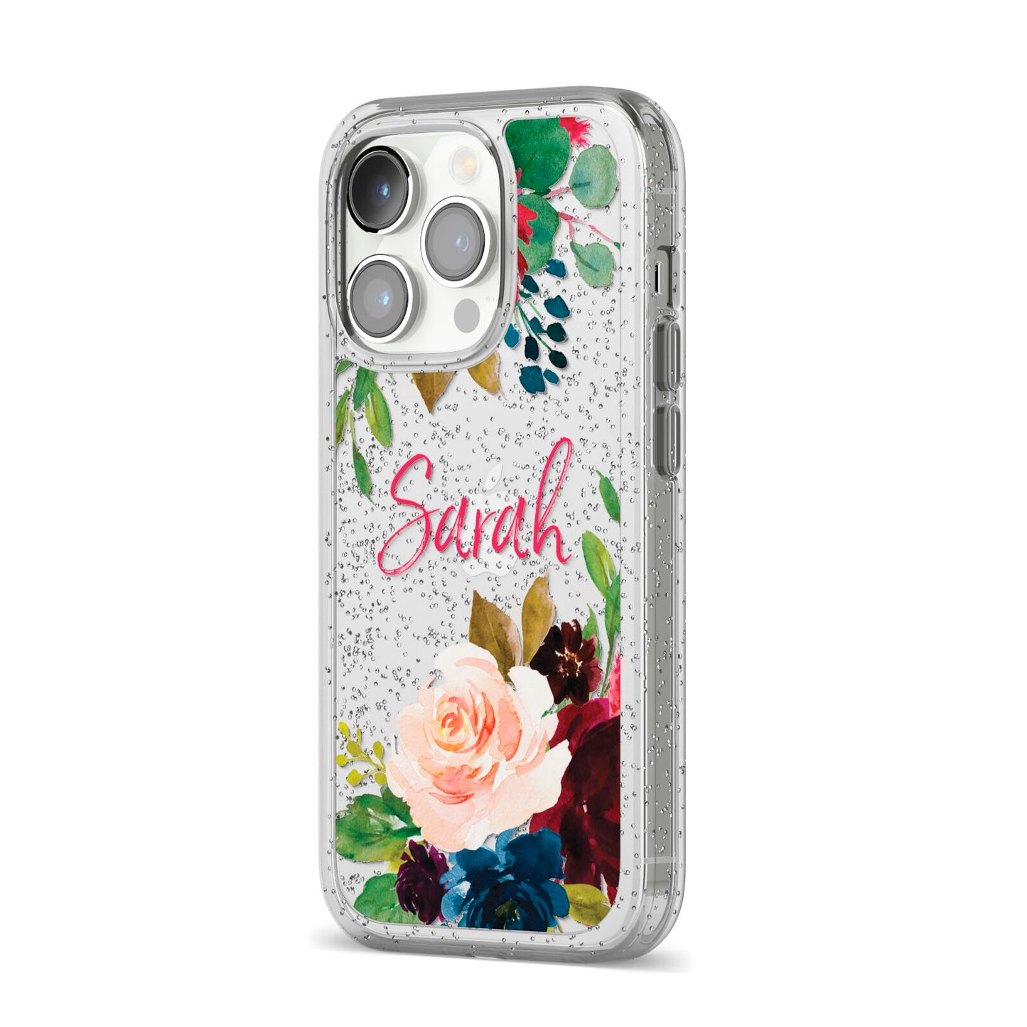 Personalised Transparent Name Roses iPhone 14 Pro Glitter Tough Case Silver Angled Image