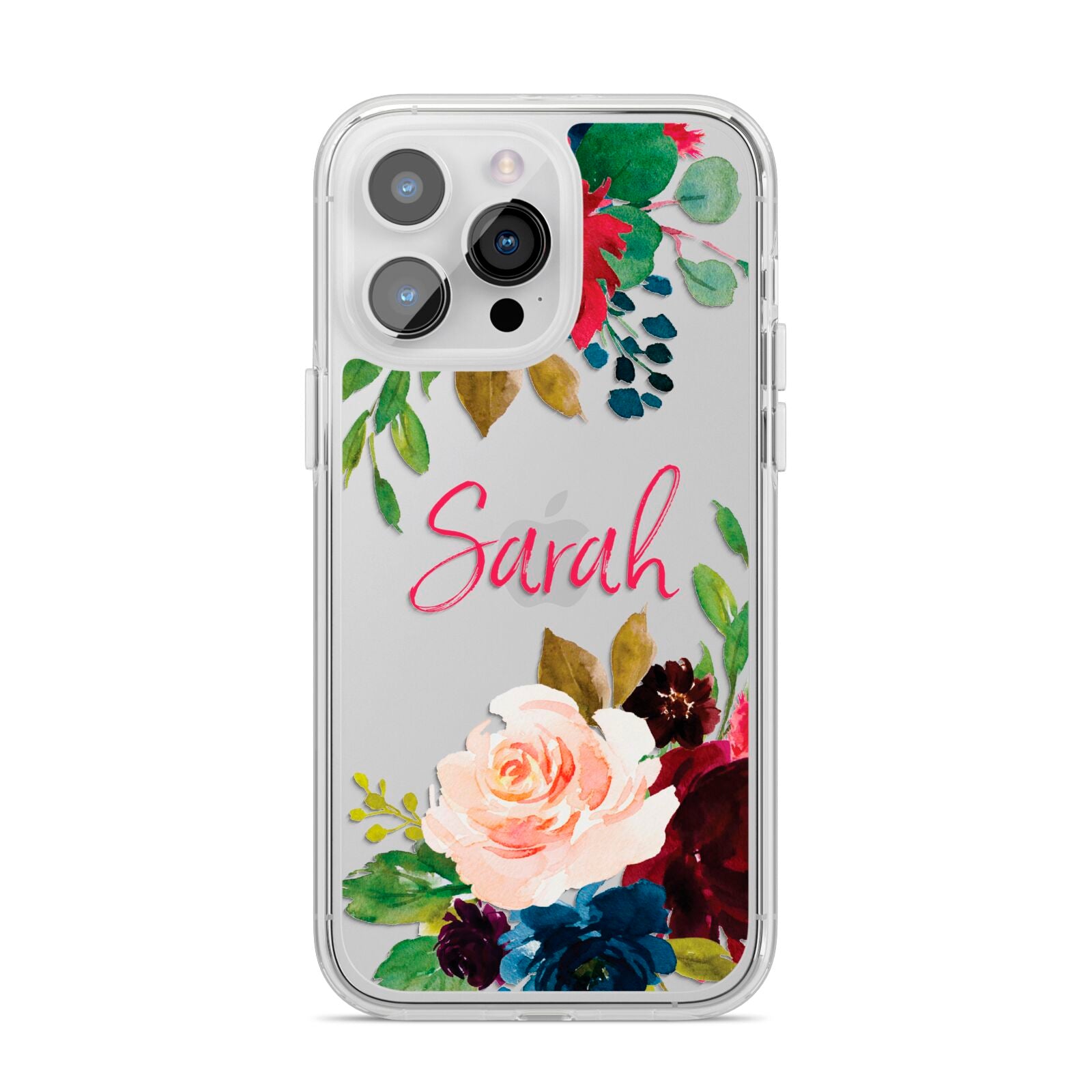 Personalised Transparent Name Roses iPhone 14 Pro Max Clear Tough Case Silver