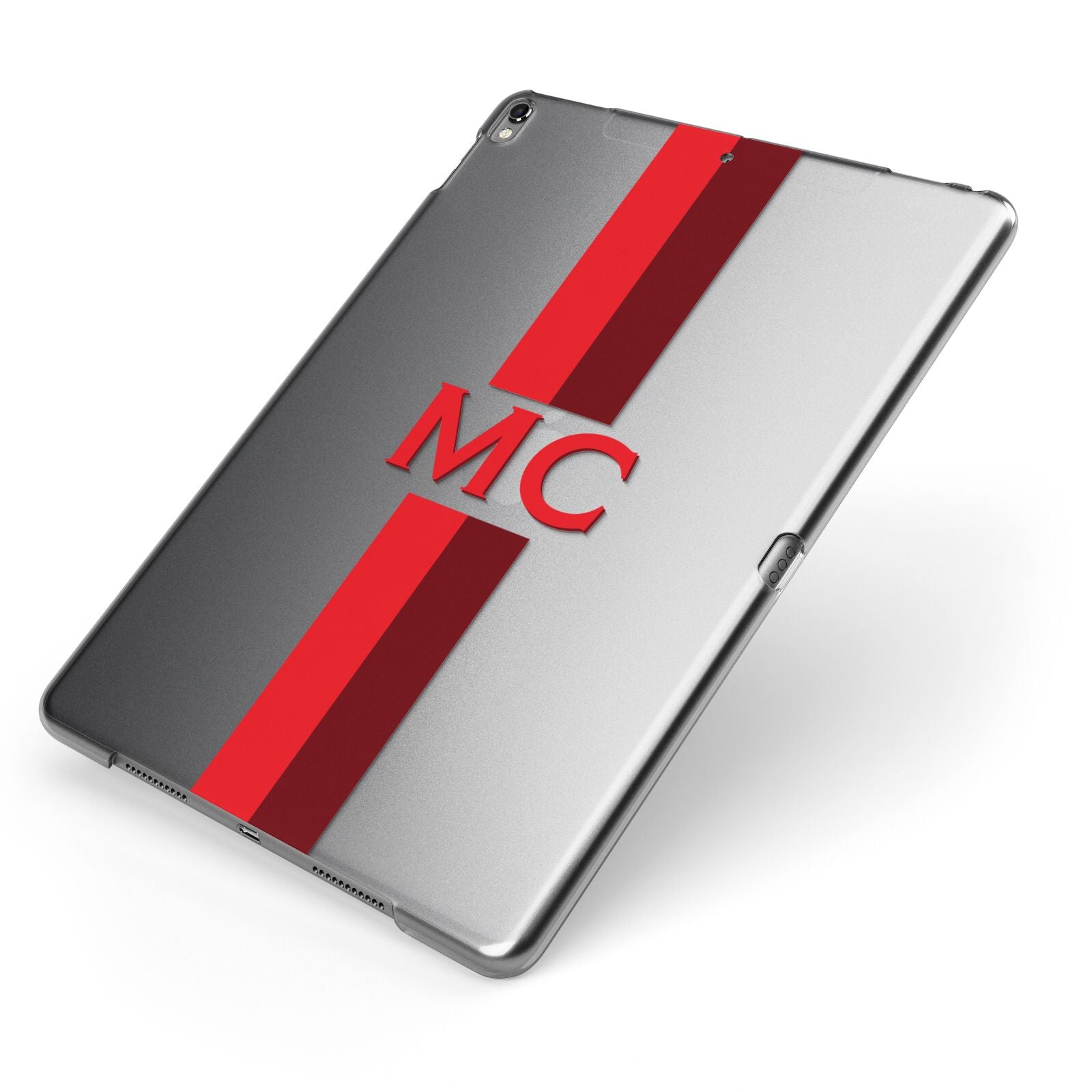 Personalised Transparent Red Bordeaux Stripe Apple iPad Case on Grey iPad Side View