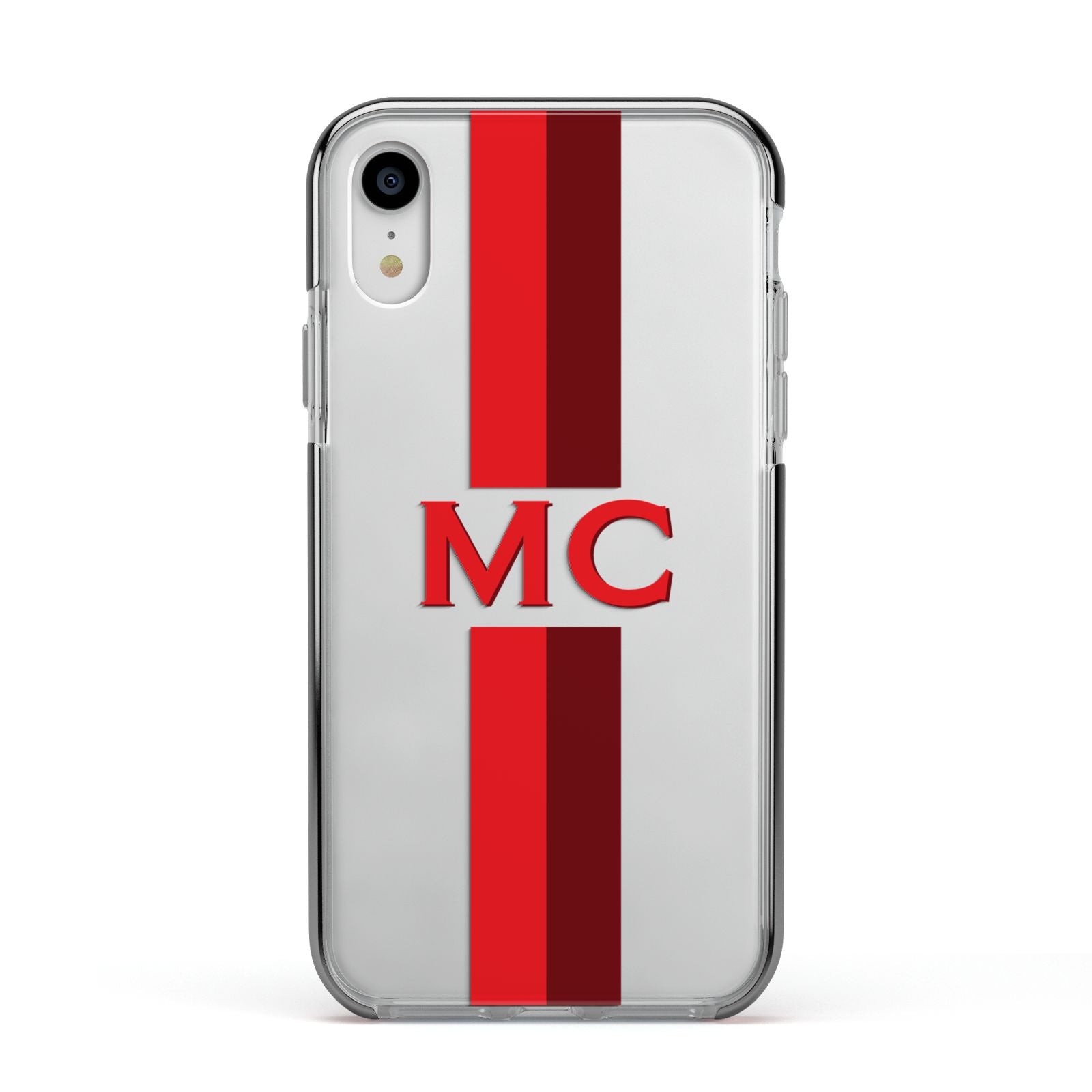 Personalised Transparent Red Bordeaux Stripe Apple iPhone XR Impact Case Black Edge on Silver Phone