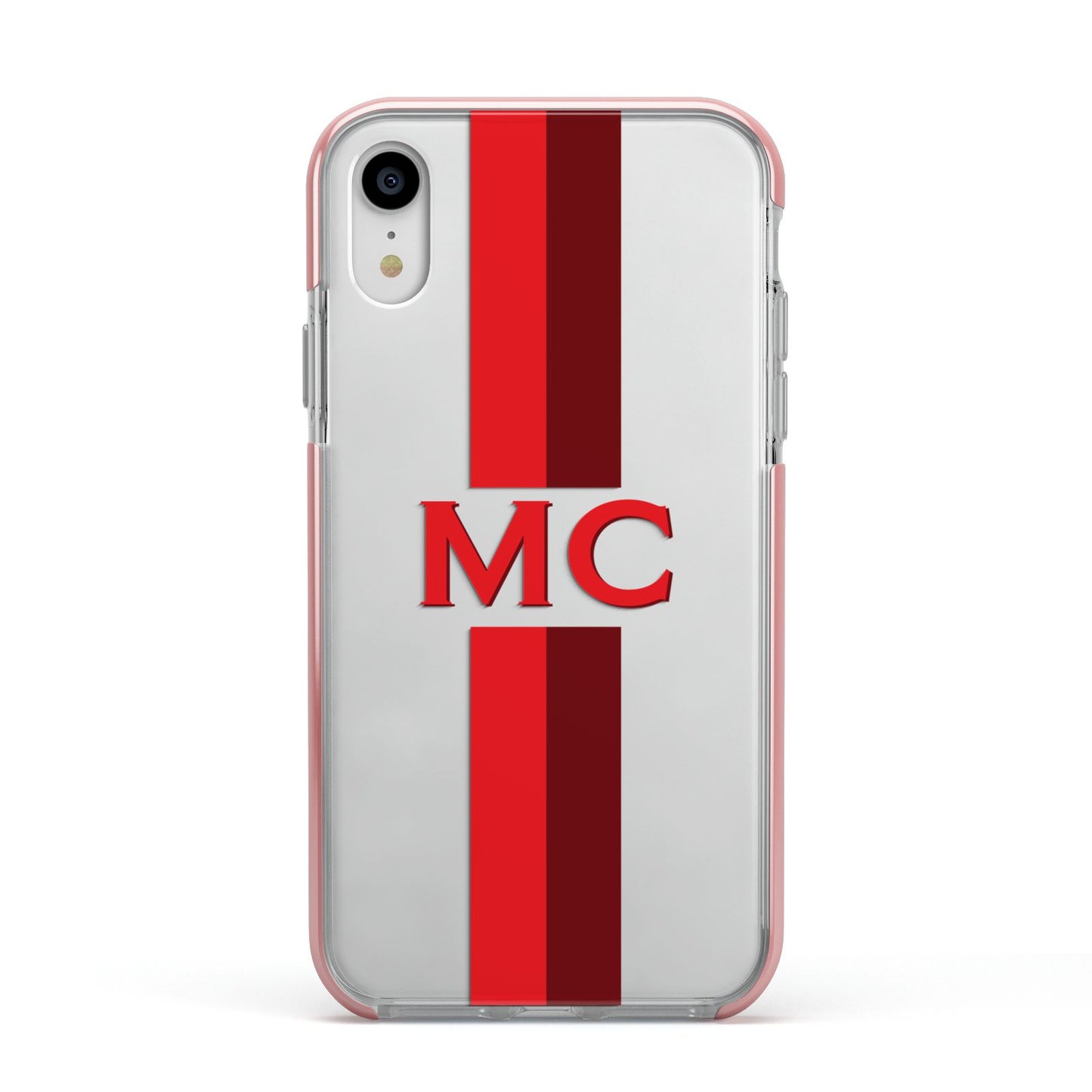 Personalised Transparent Red Bordeaux Stripe Apple iPhone XR Impact Case Pink Edge on Silver Phone