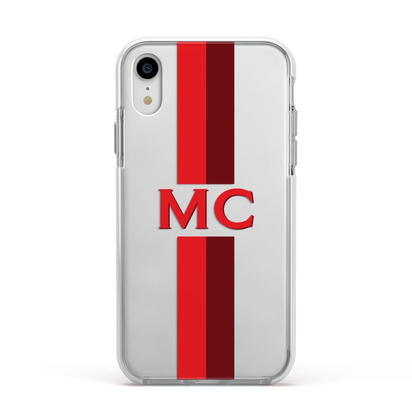 Personalised Transparent Red Bordeaux Stripe Apple iPhone XR Impact Case White Edge on Silver Phone