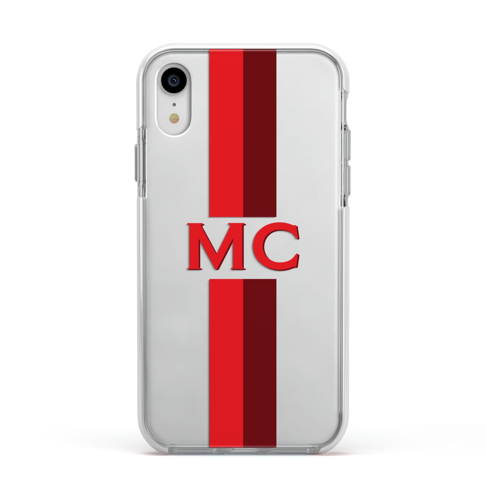 Personalised Transparent Red Bordeaux Stripe Apple iPhone XR Impact Case White Edge on Silver Phone