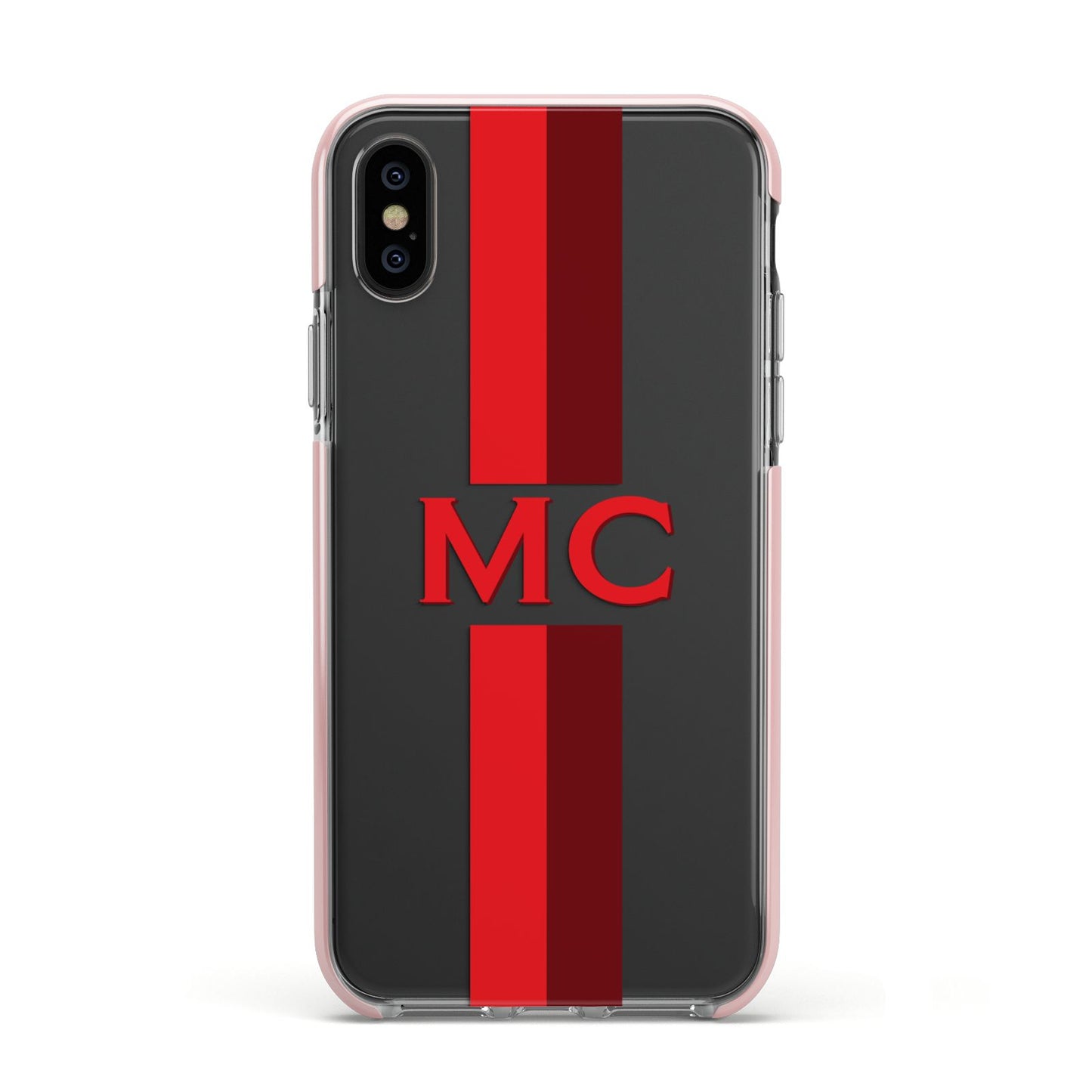 Personalised Transparent Red Bordeaux Stripe Apple iPhone Xs Impact Case Pink Edge on Black Phone