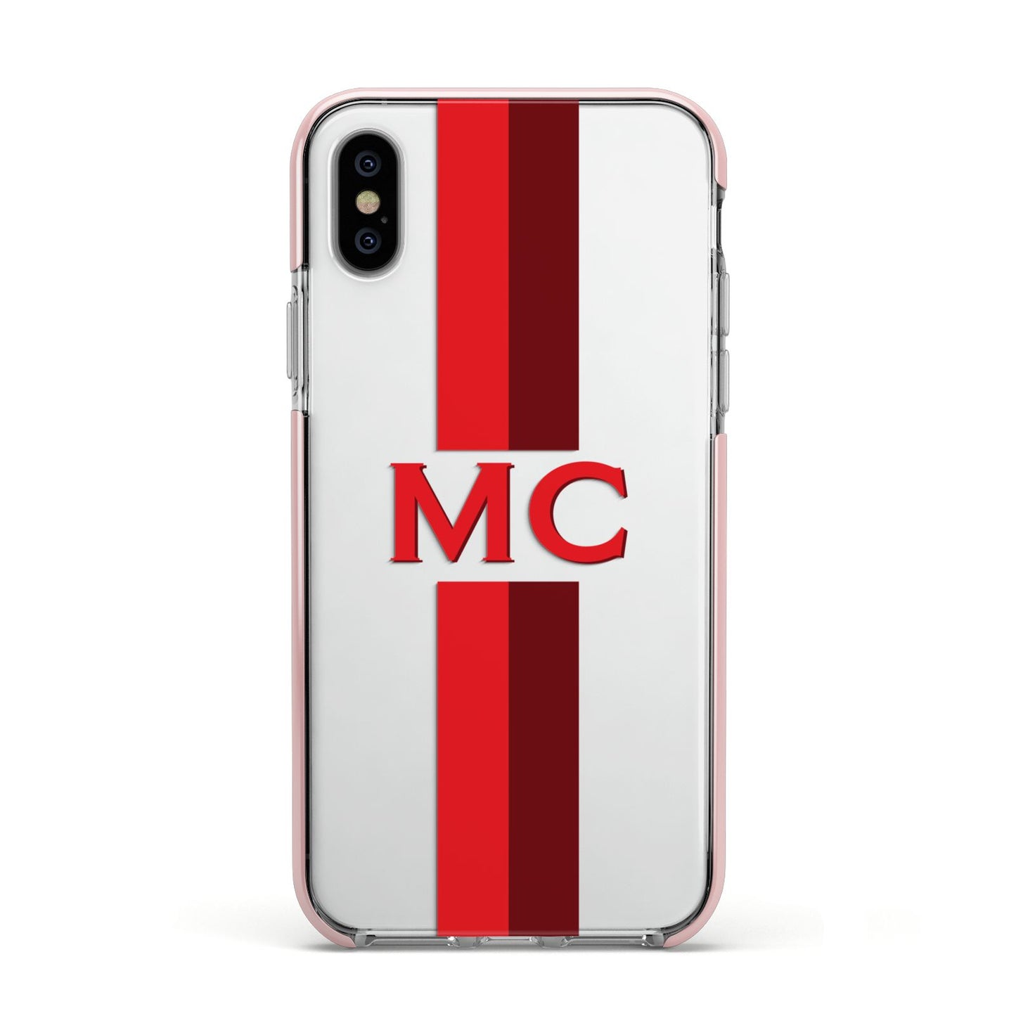 Personalised Transparent Red Bordeaux Stripe Apple iPhone Xs Impact Case Pink Edge on Silver Phone