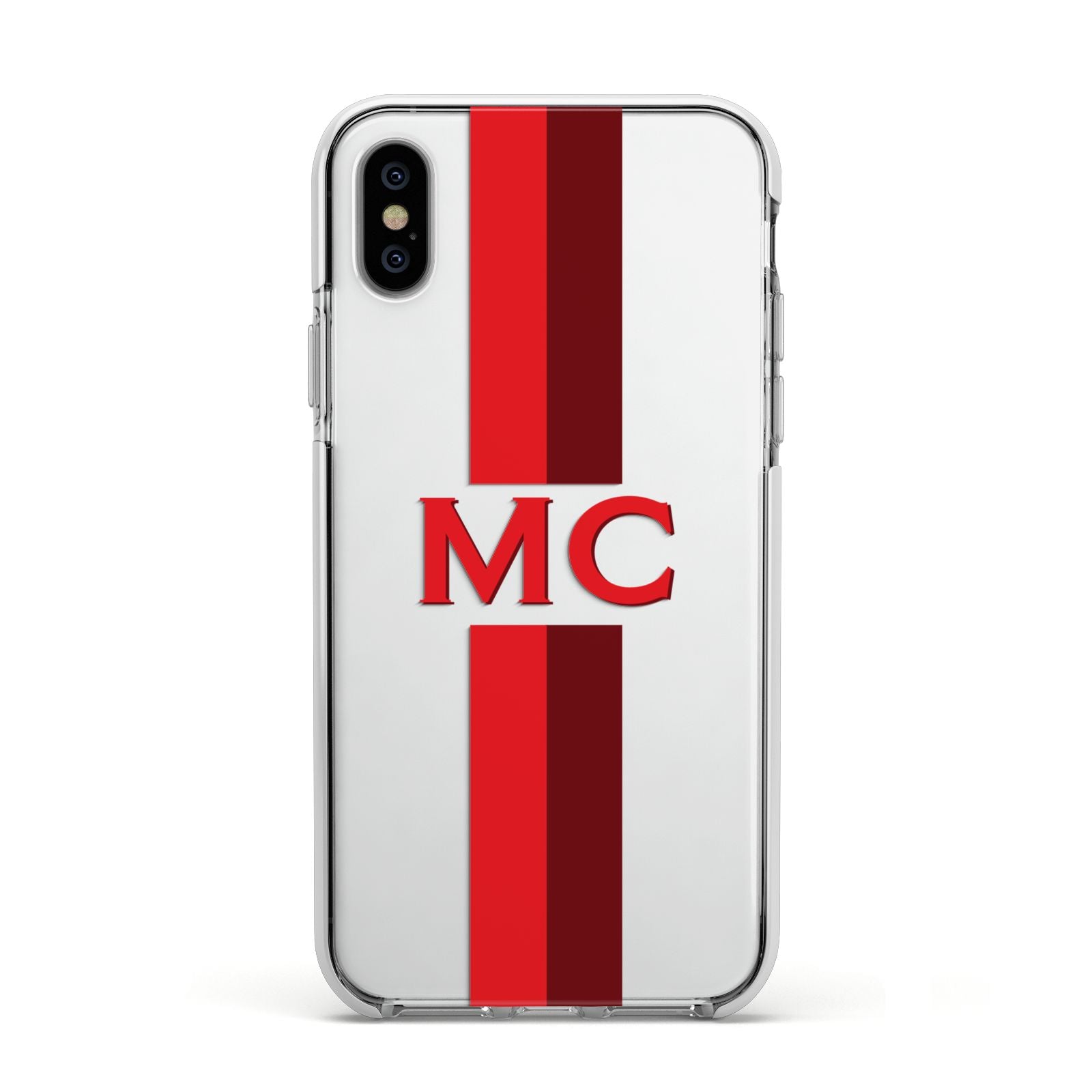 Personalised Transparent Red Bordeaux Stripe Apple iPhone Xs Impact Case White Edge on Silver Phone