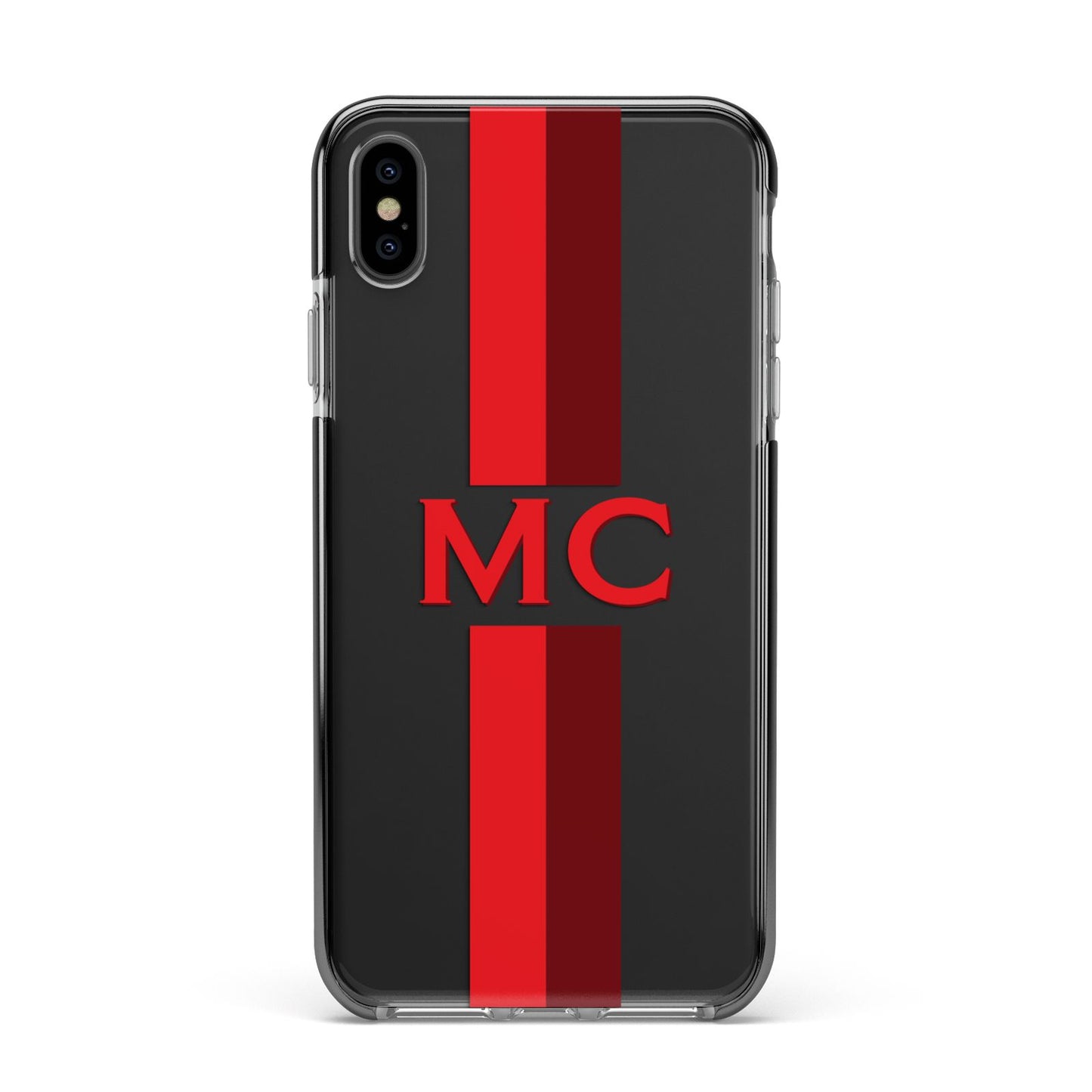 Personalised Transparent Red Bordeaux Stripe Apple iPhone Xs Max Impact Case Black Edge on Black Phone