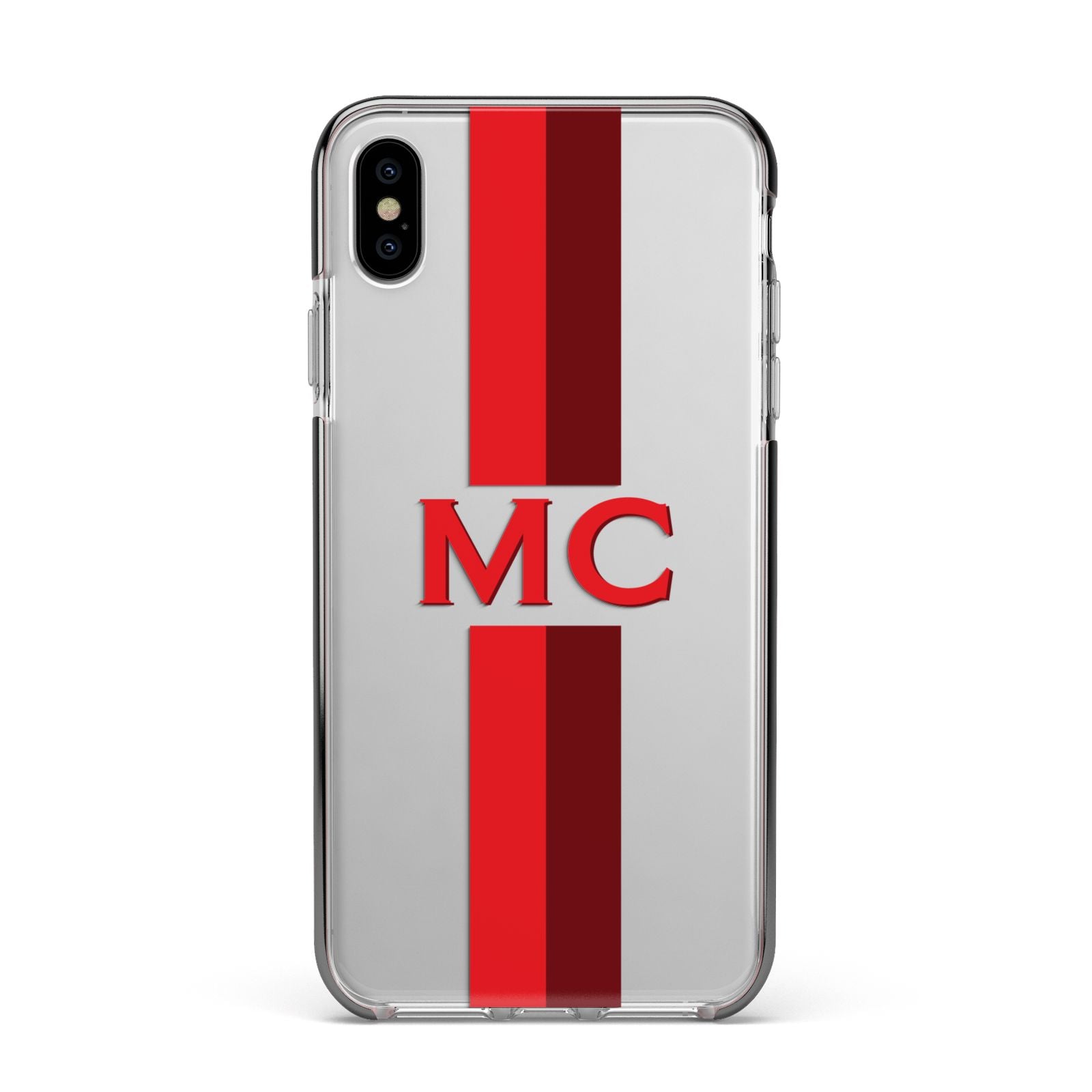 Personalised Transparent Red Bordeaux Stripe Apple iPhone Xs Max Impact Case Black Edge on Silver Phone