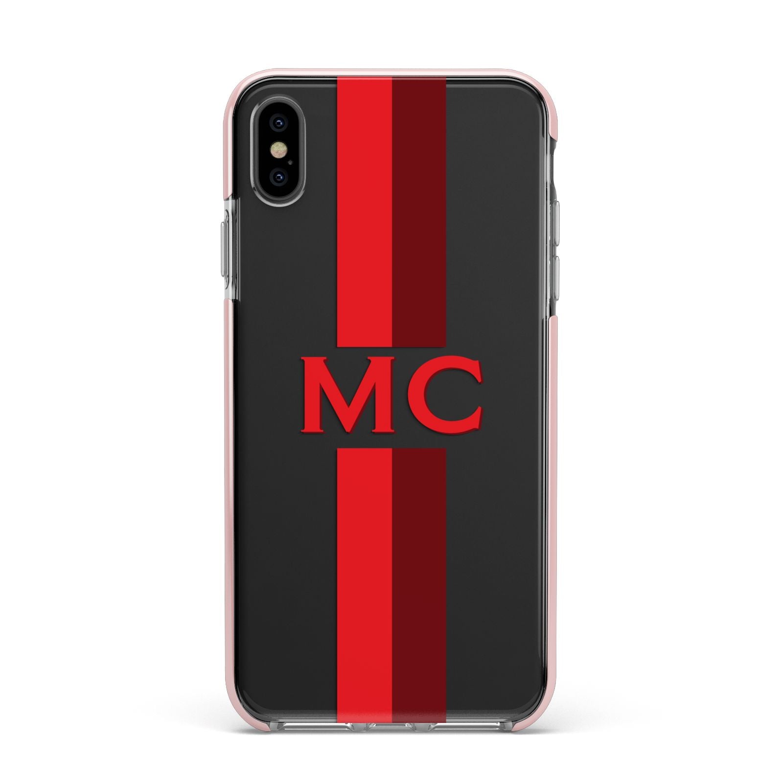 Personalised Transparent Red Bordeaux Stripe Apple iPhone Xs Max Impact Case Pink Edge on Black Phone