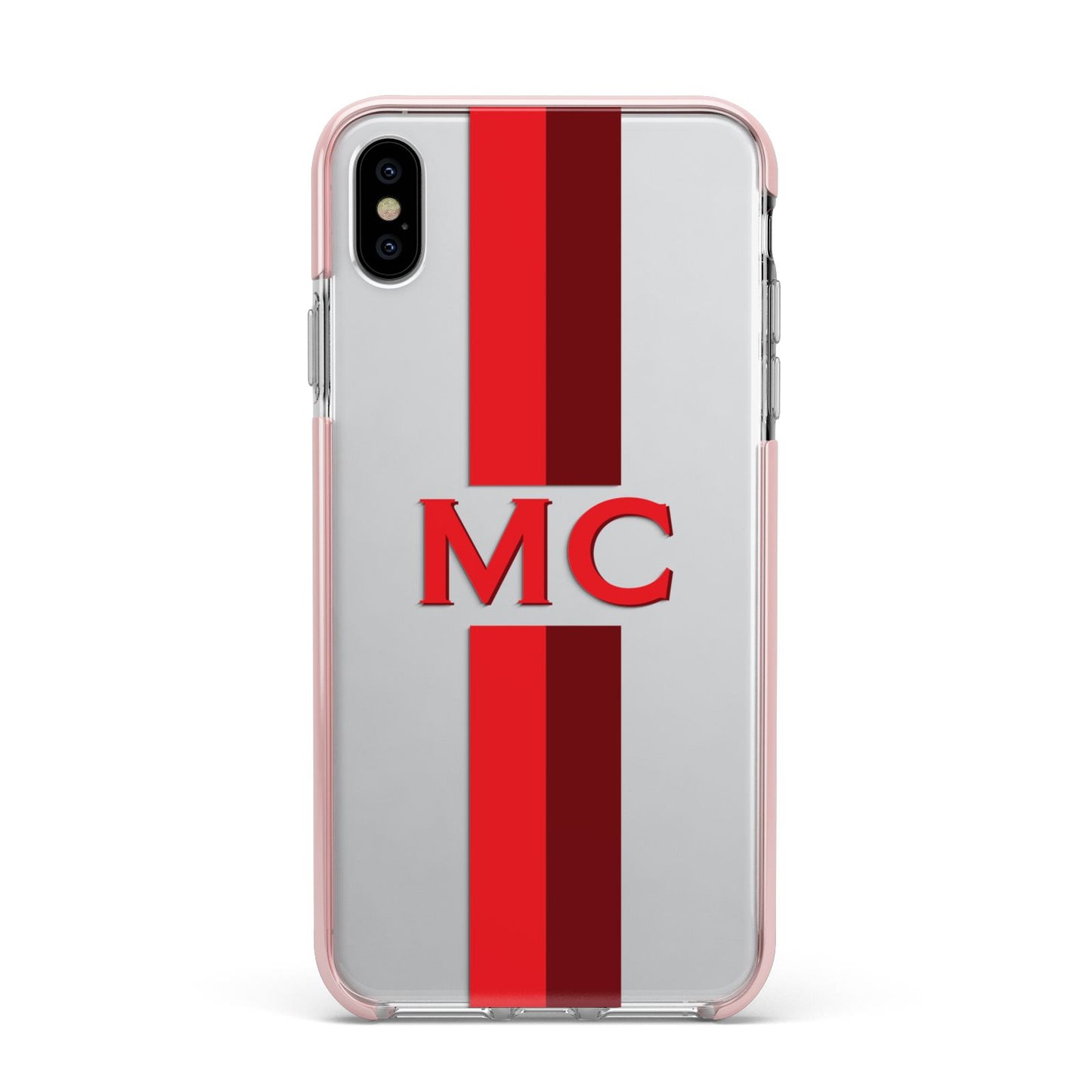 Personalised Transparent Red Bordeaux Stripe Apple iPhone Xs Max Impact Case Pink Edge on Silver Phone