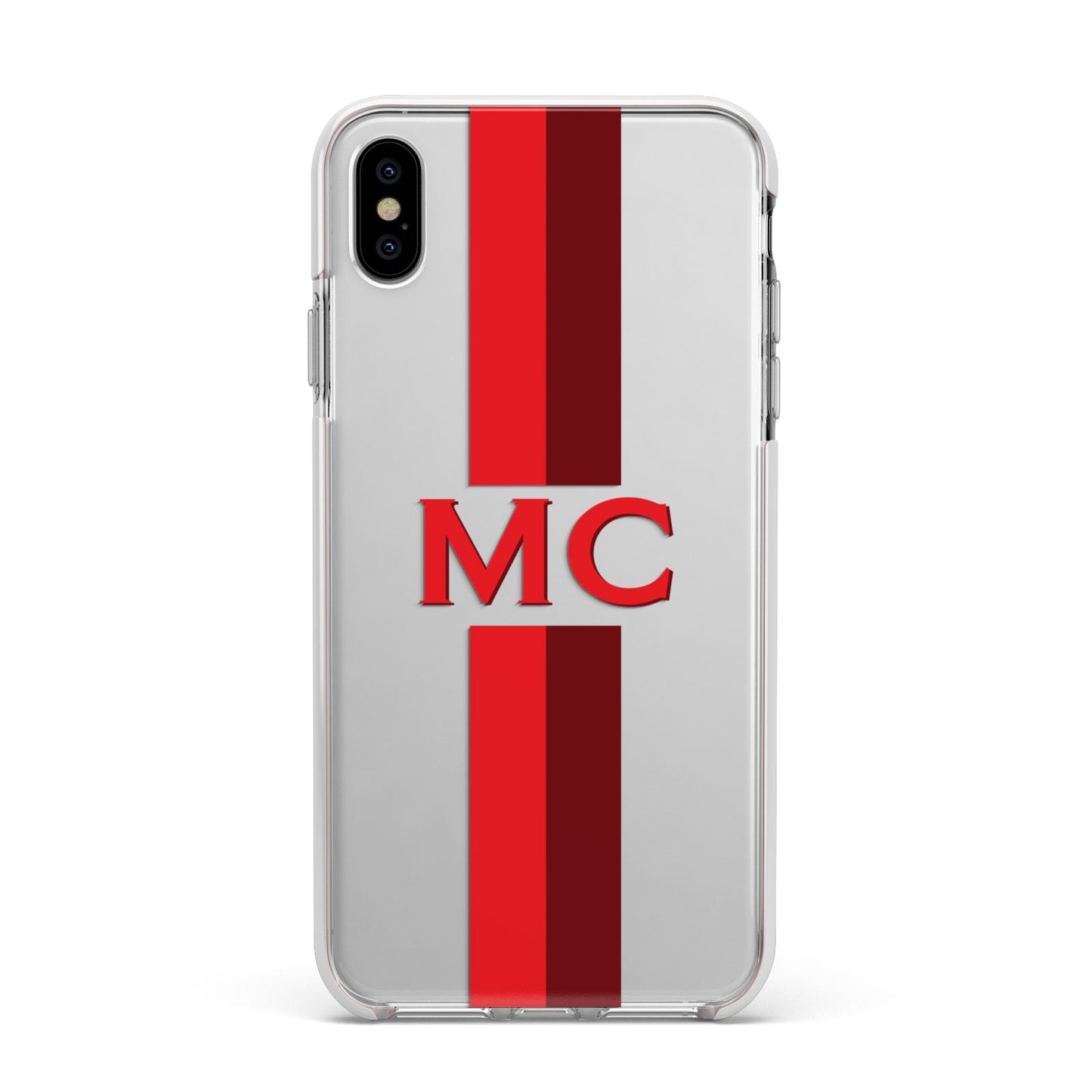 Personalised Transparent Red Bordeaux Stripe Apple iPhone Xs Max Impact Case White Edge on Silver Phone