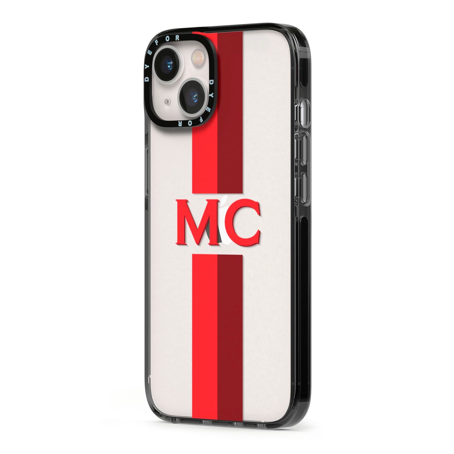 Personalised Transparent Red Bordeaux Stripe iPhone 13 Black Impact Case Side Angle on Silver phone