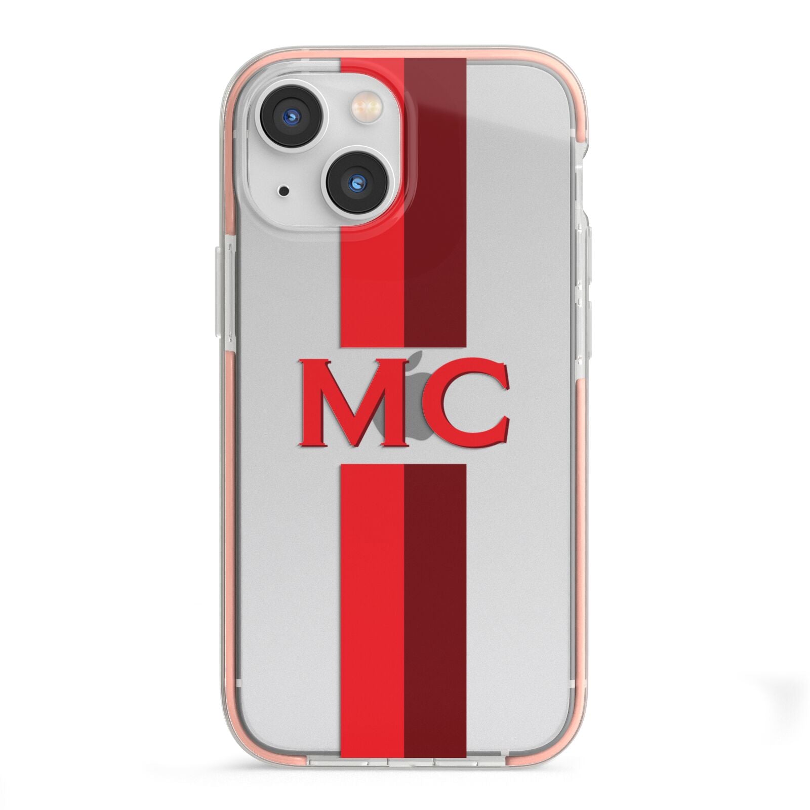 Personalised Transparent Red Bordeaux Stripe iPhone 13 Mini TPU Impact Case with Pink Edges